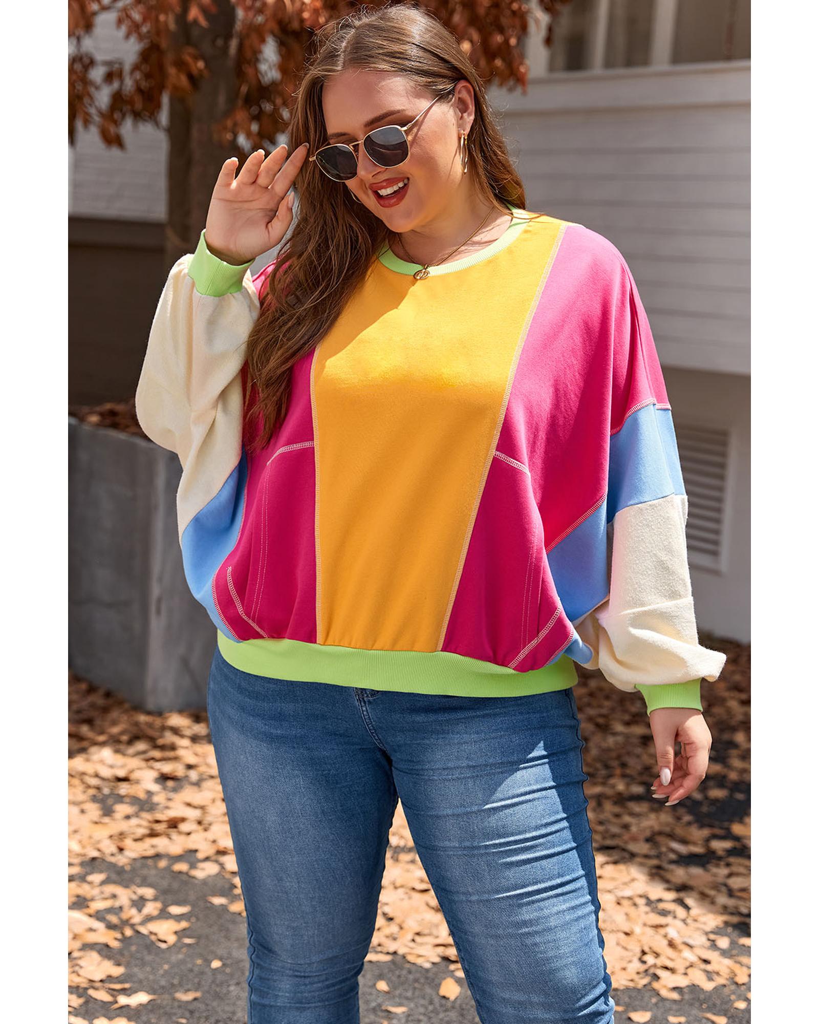 Rose Red Plus Size Colorblock Patchwork Exposed Seam Sweatshirt - 2X