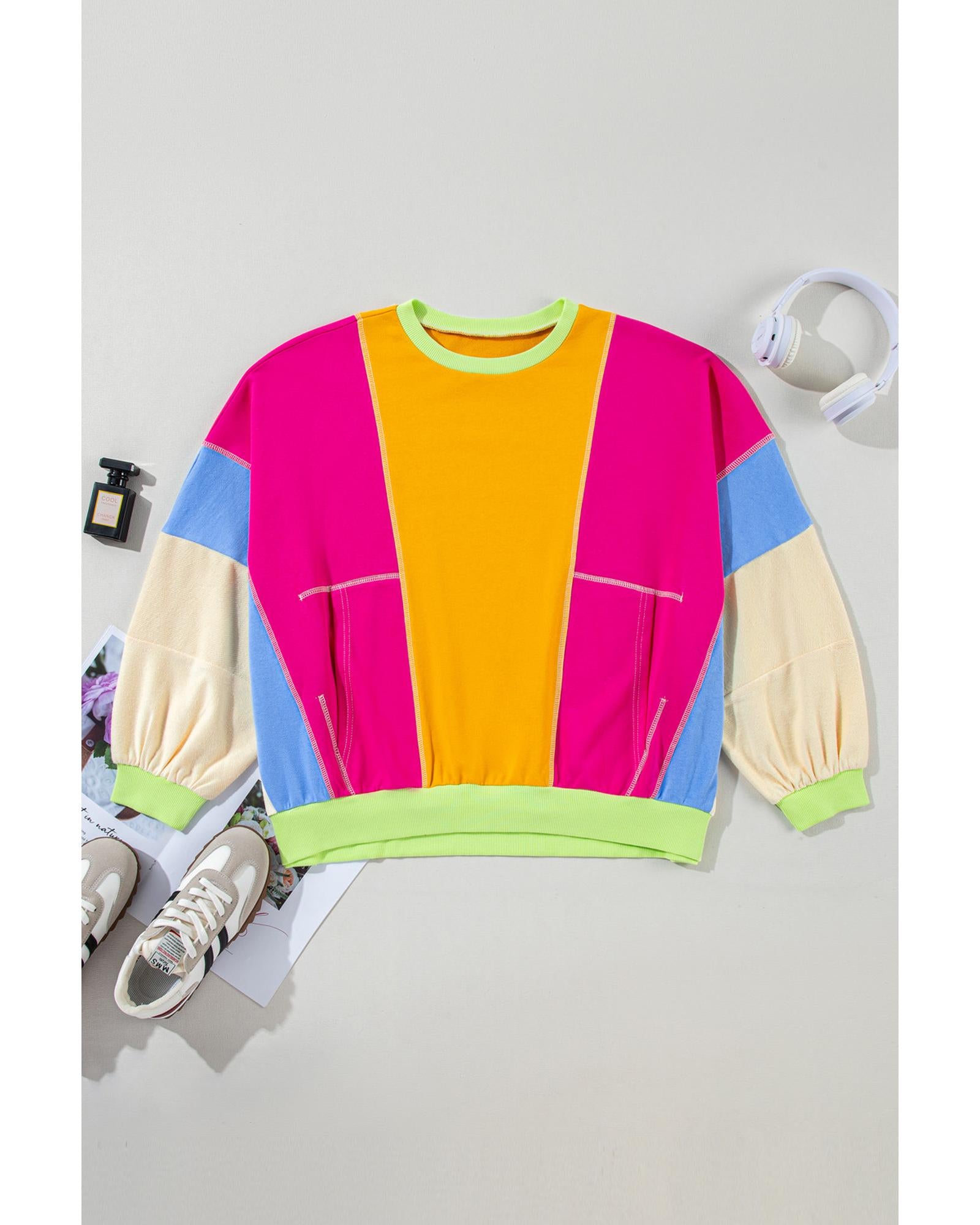 Rose Red Plus Size Colorblock Patchwork Exposed Seam Sweatshirt - 2X
