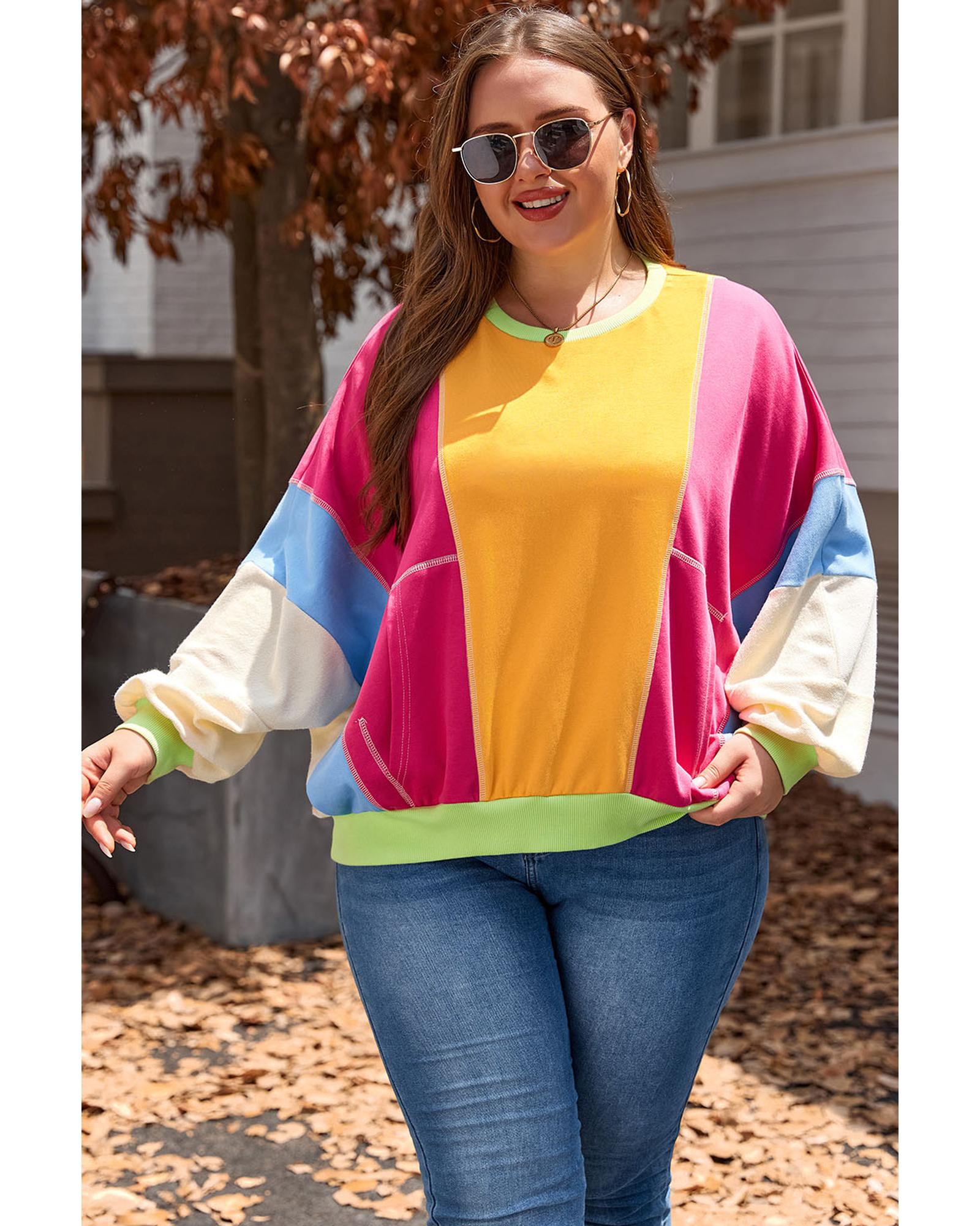 Rose Red Plus Size Colorblock Patchwork Exposed Seam Sweatshirt - 2X