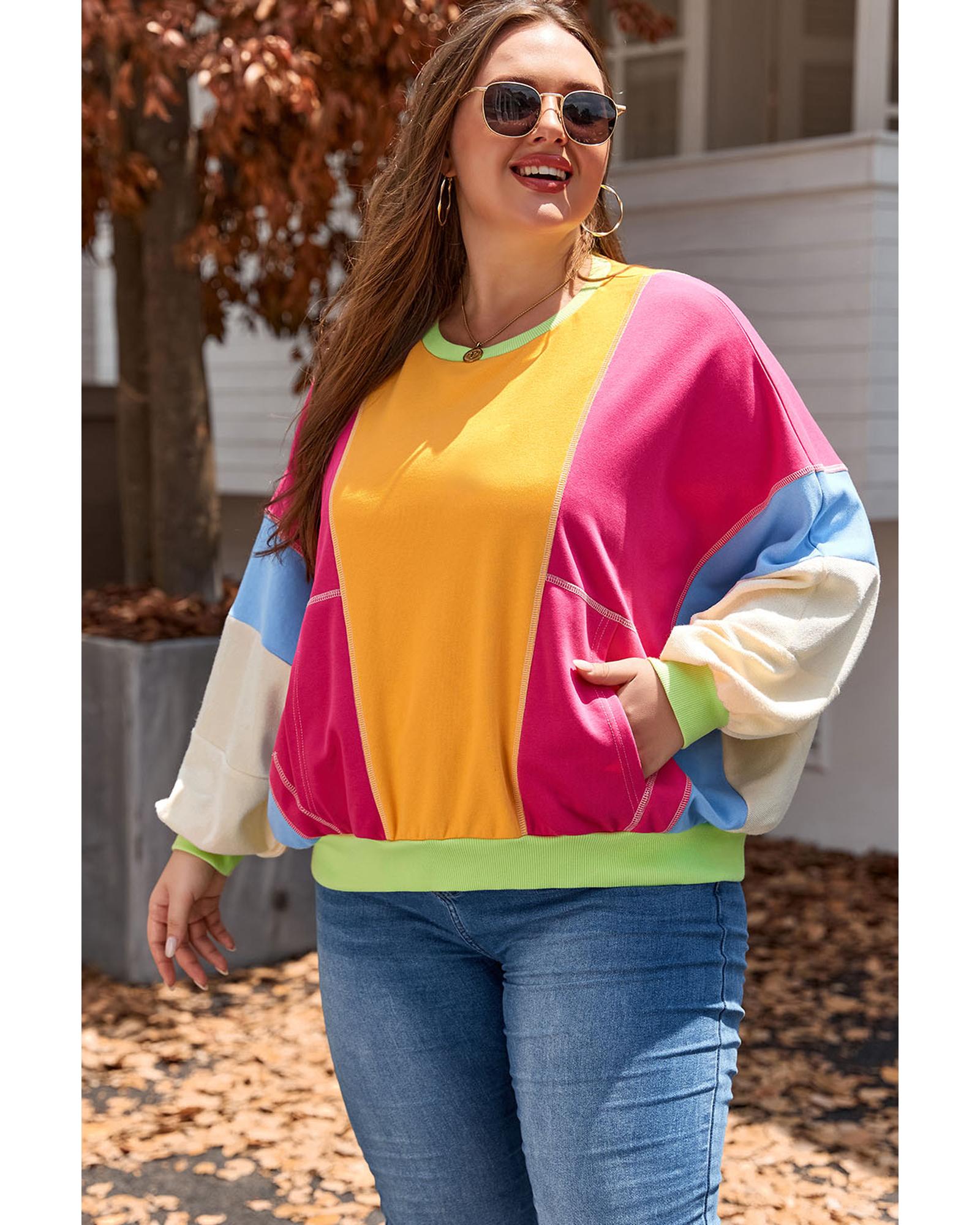 Rose Red Plus Size Colorblock Patchwork Exposed Seam Sweatshirt - 2X