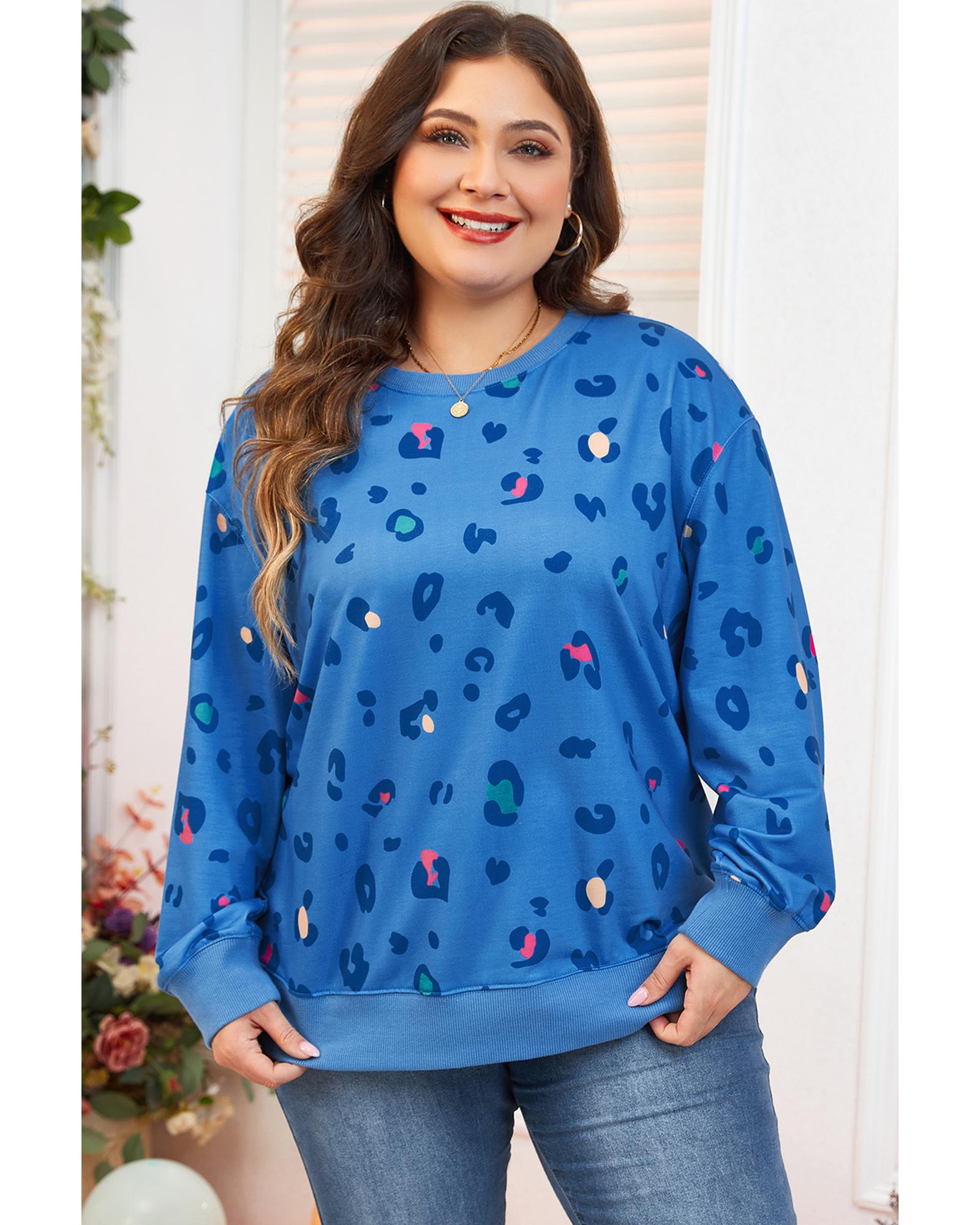 Sky Blue Leopard Ribbed Edge Drop Shoulder Pullover Sweatshirt - 2X