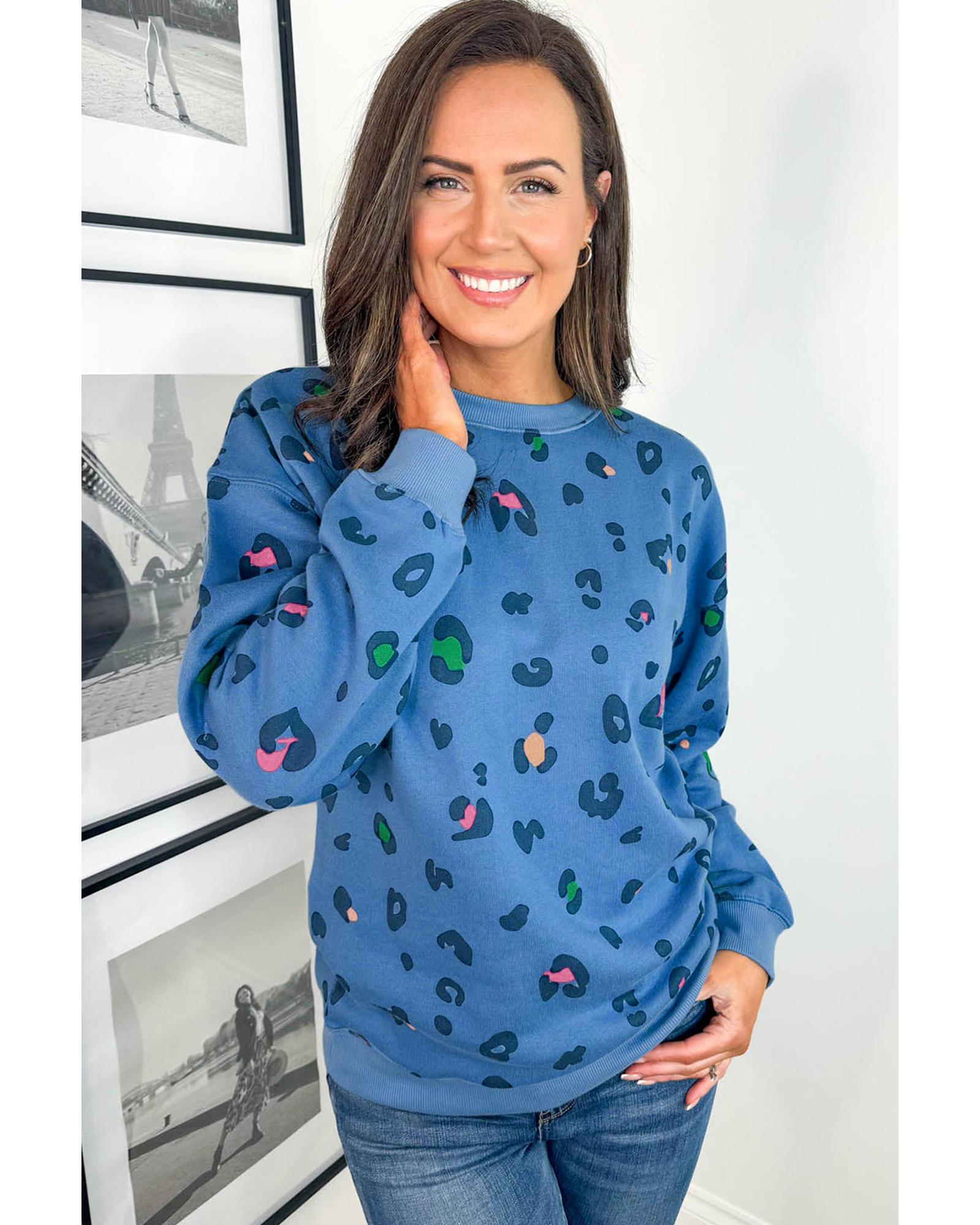 Sky Blue Leopard Ribbed Edge Drop Shoulder Pullover Sweatshirt - 3X