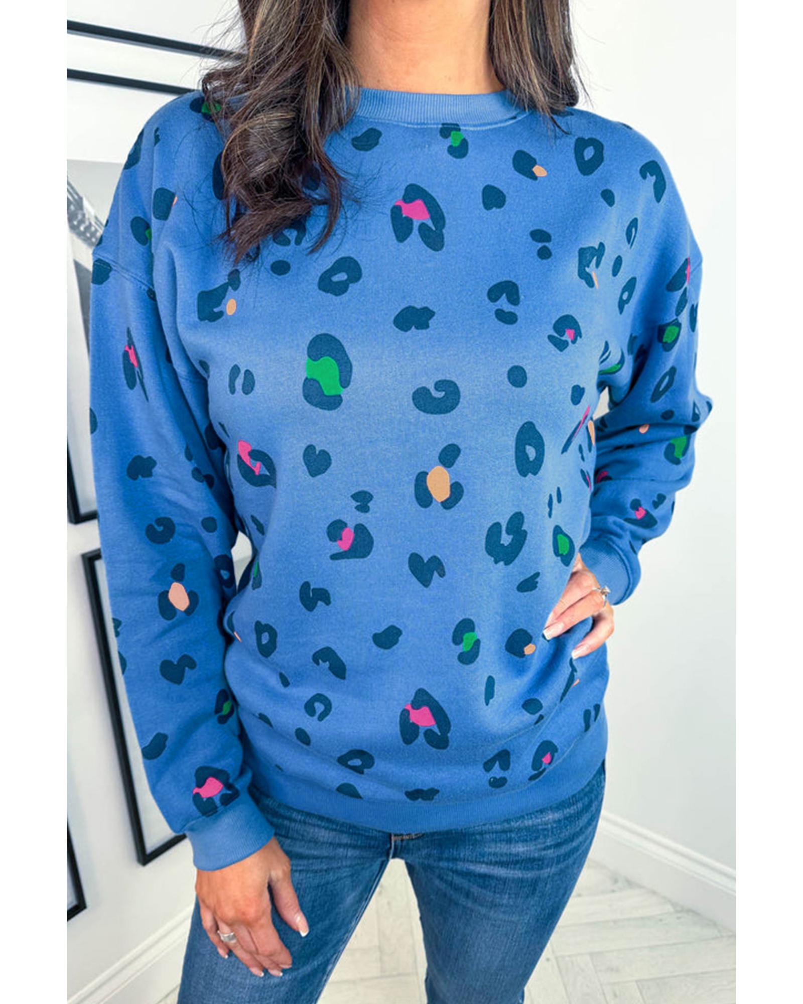 Sky Blue Leopard Ribbed Edge Drop Shoulder Pullover Sweatshirt - 4X