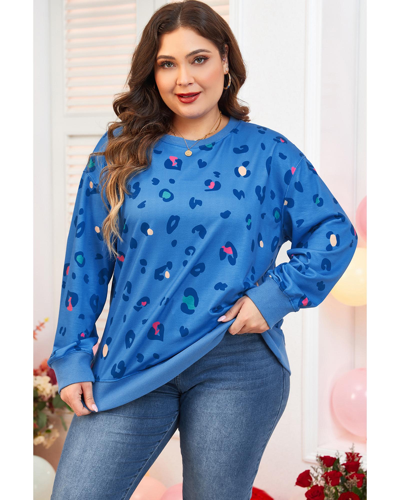 Sky Blue Leopard Ribbed Edge Drop Shoulder Pullover Sweatshirt - 4X