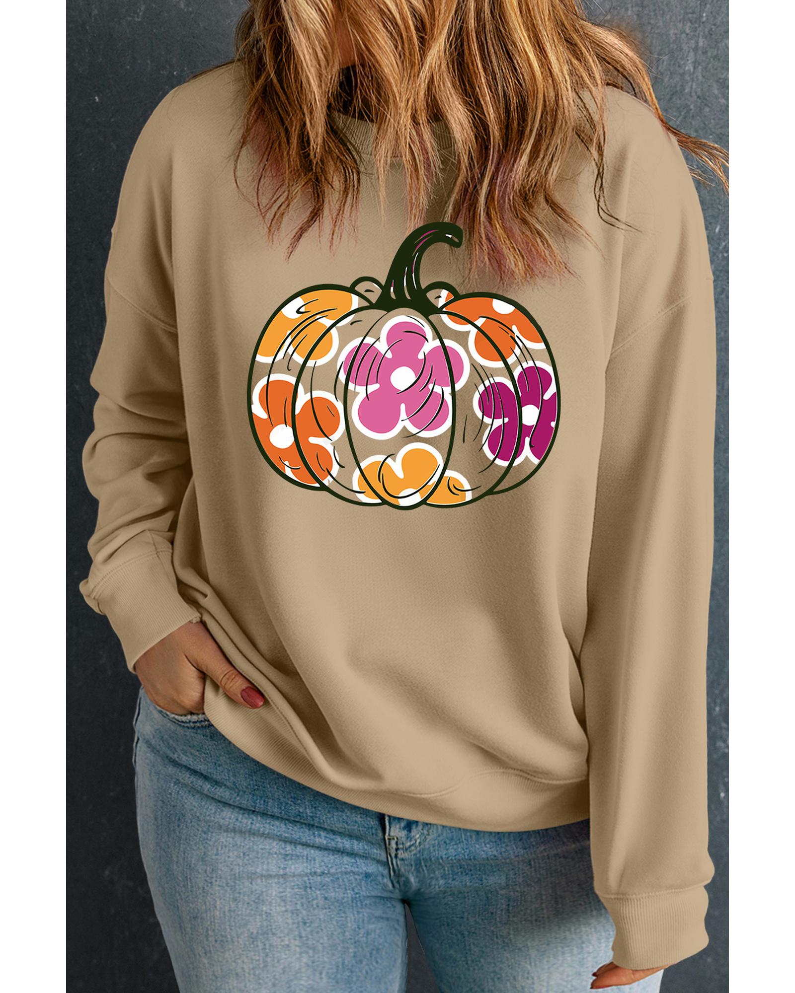 Apricot Plus Size Floral Pumpkin Print O Neck Halloween Sweatshirt - 1X