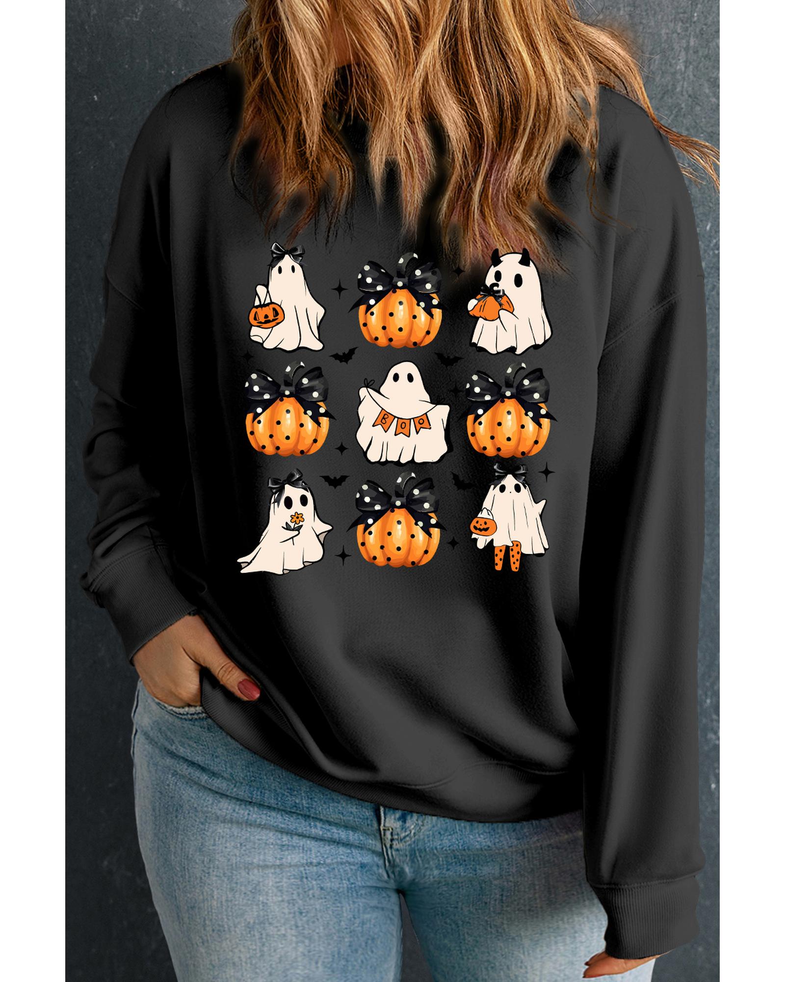 Black Halloween Polka Dot Pumpkin Ghost Print Plus Sweatshirt - 4X