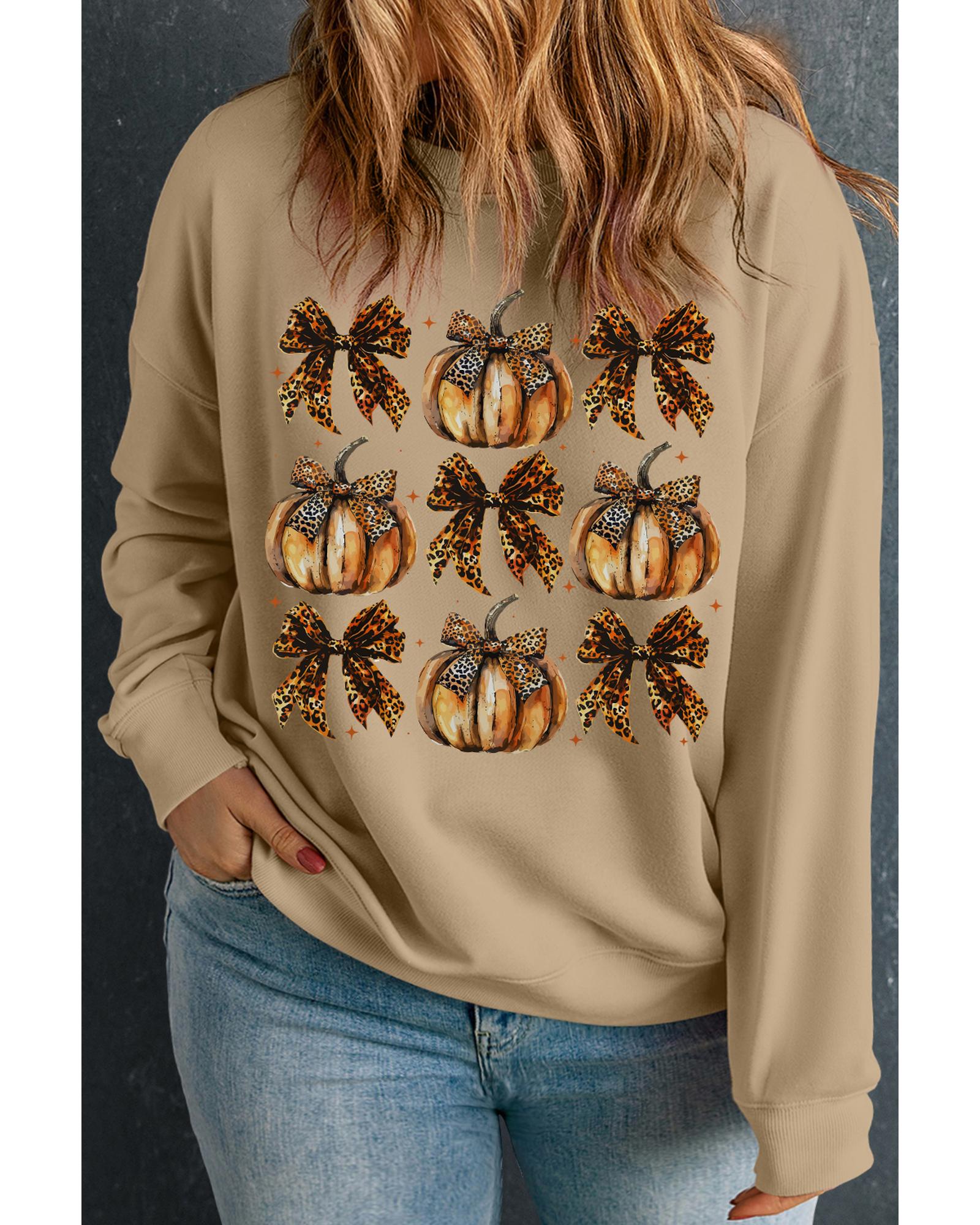 Apricot Halloween Leopard Pumpkin Bow Knot Print Plus Size Sweatshirt - 4X