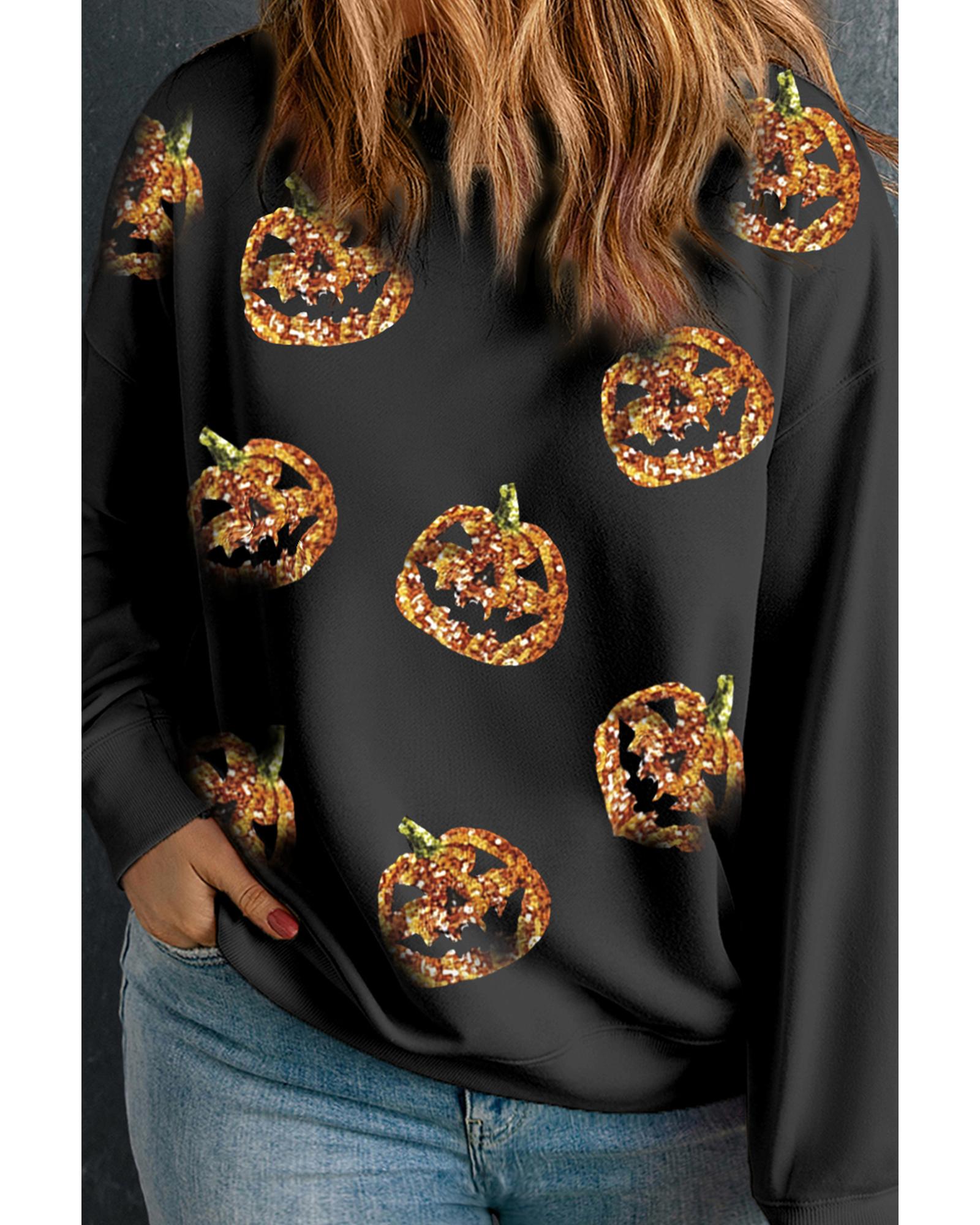 Black Sequin Pumpkin Face Graphic Plus Size Halloween Sweatshirt - 1X