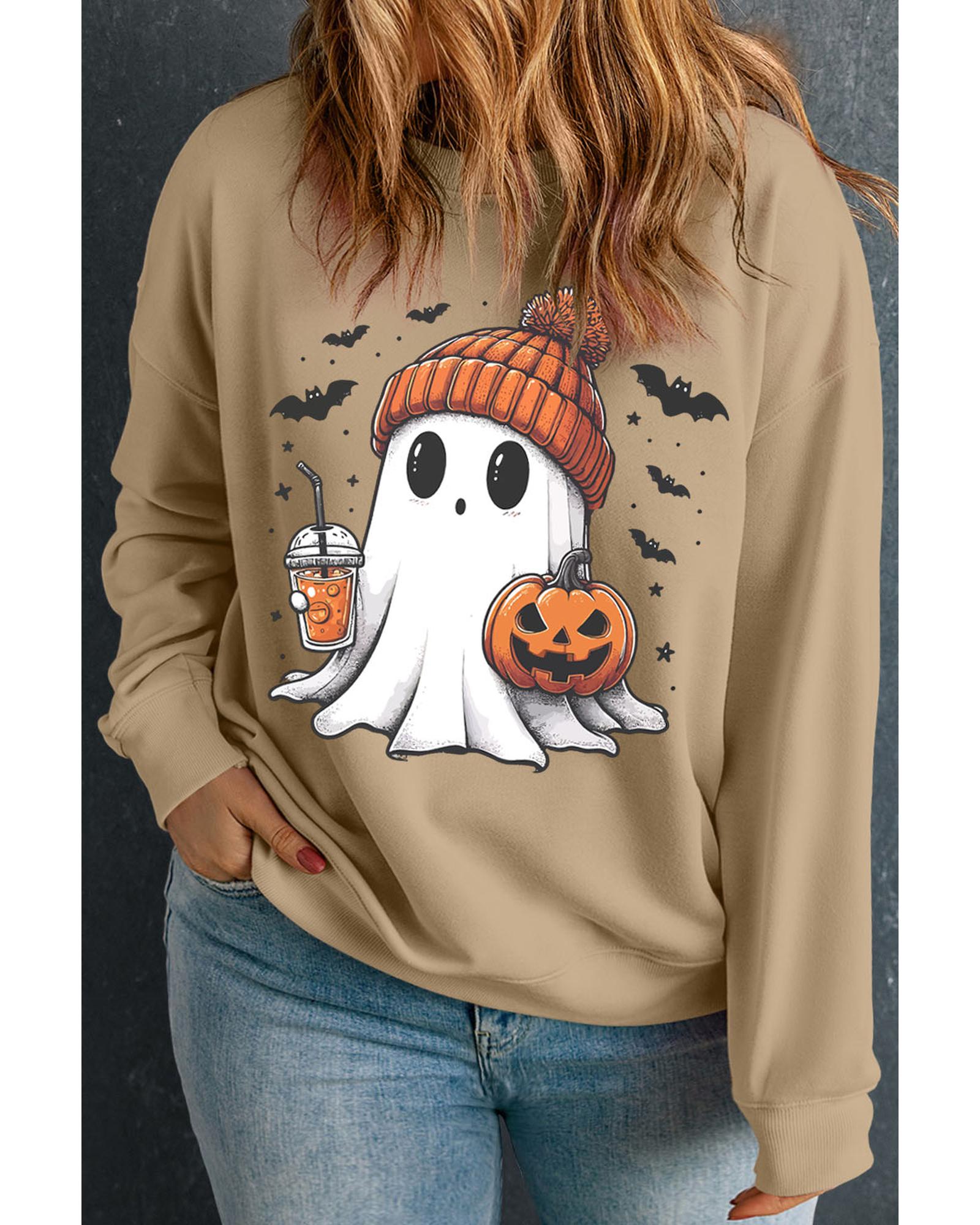 Apricot Cute Ghost Pumpkin Printed Plus Size Halloween Sweatshirt - 2X