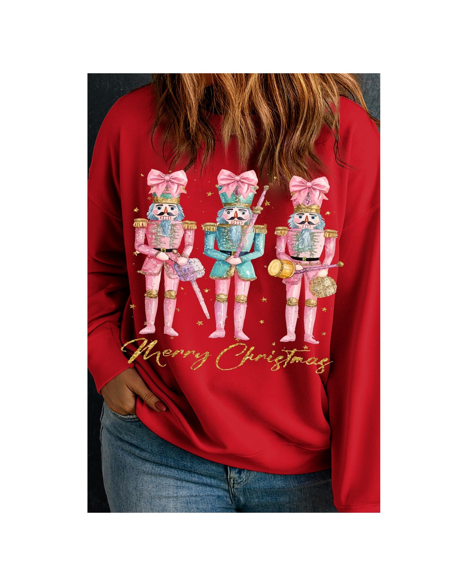 Racing Red Nutcracker Merry Christmas Printed Drop Shoulder Plus Size Sweatshirt - 2X