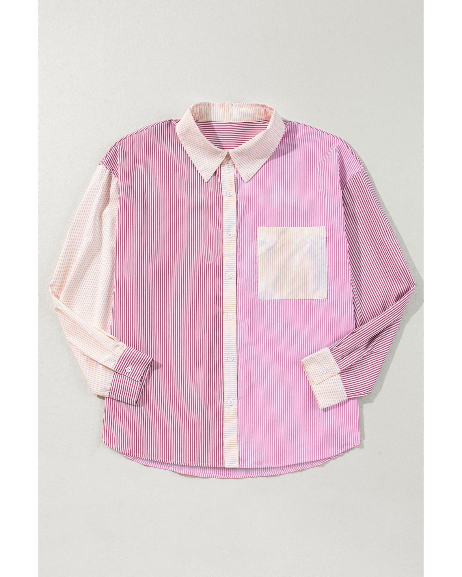 Pink Stripe Print Colorblock Plus Size Shirt - 2X