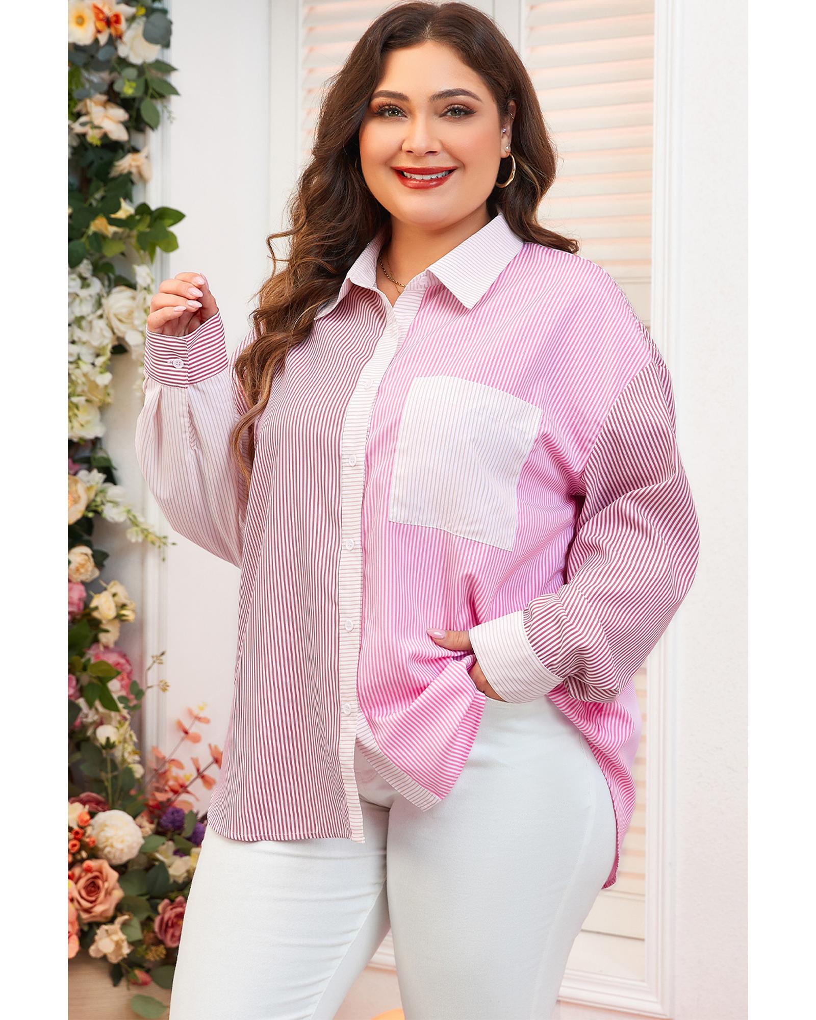 Pink Stripe Print Colorblock Plus Size Shirt - 3X