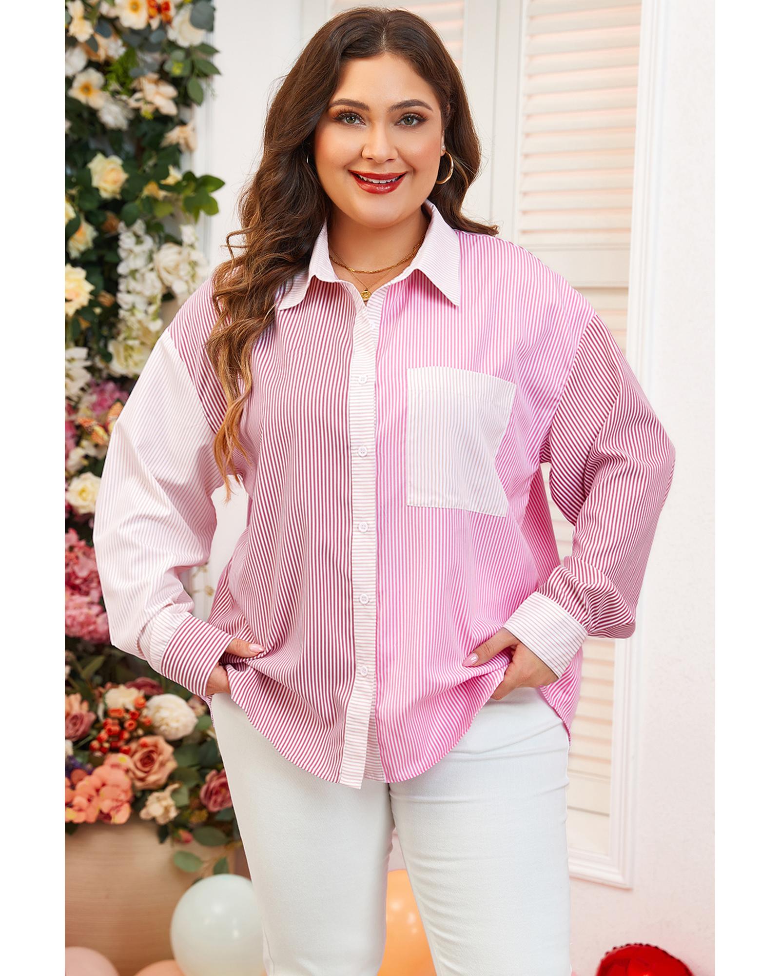 Pink Stripe Print Colorblock Plus Size Shirt - 3X