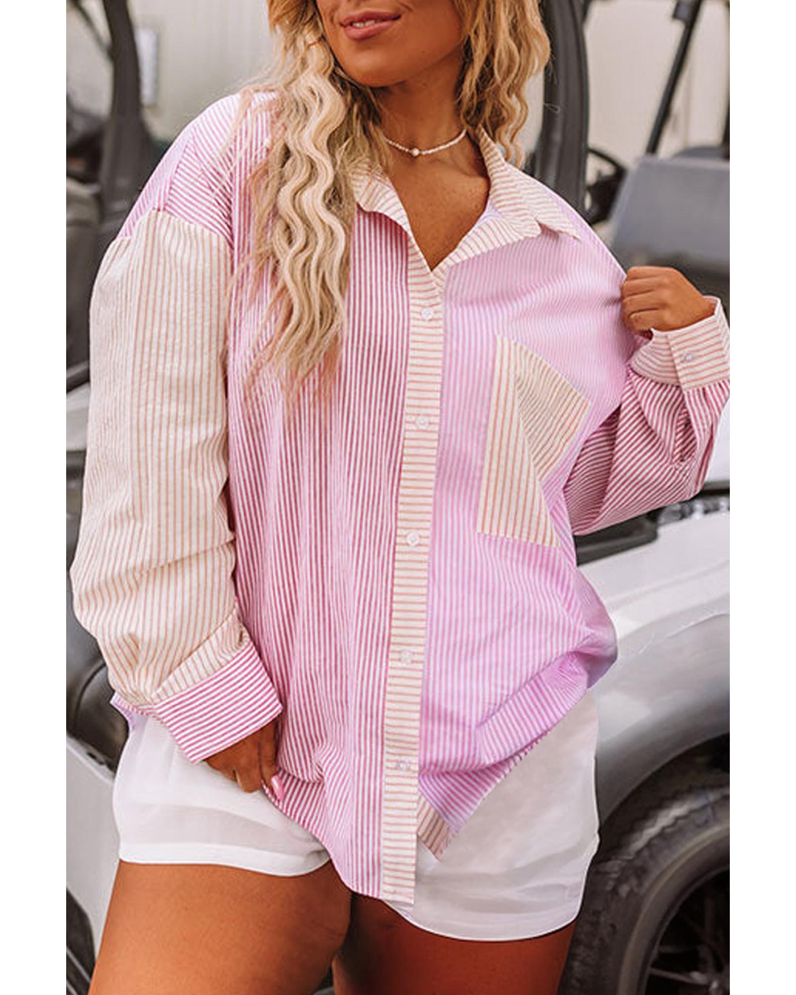 Pink Stripe Print Colorblock Plus Size Shirt - 3X
