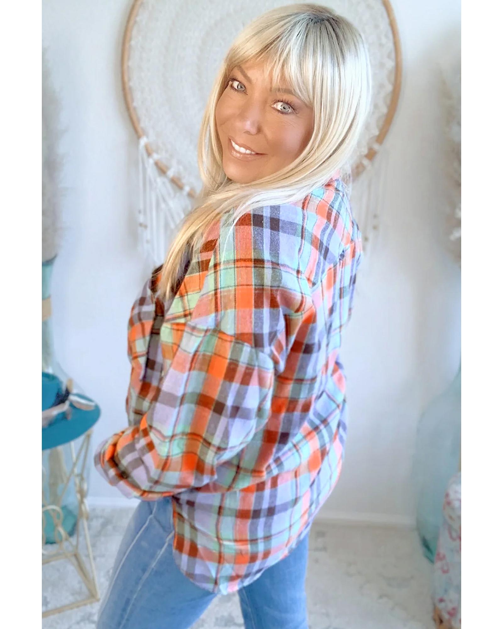 Orange Plus Size Plaid Print Buttoned Shirt - 1X