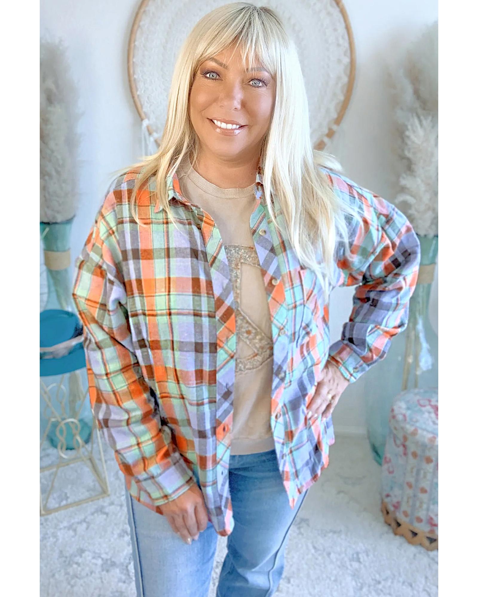 Orange Plus Size Plaid Print Buttoned Shirt - 1X