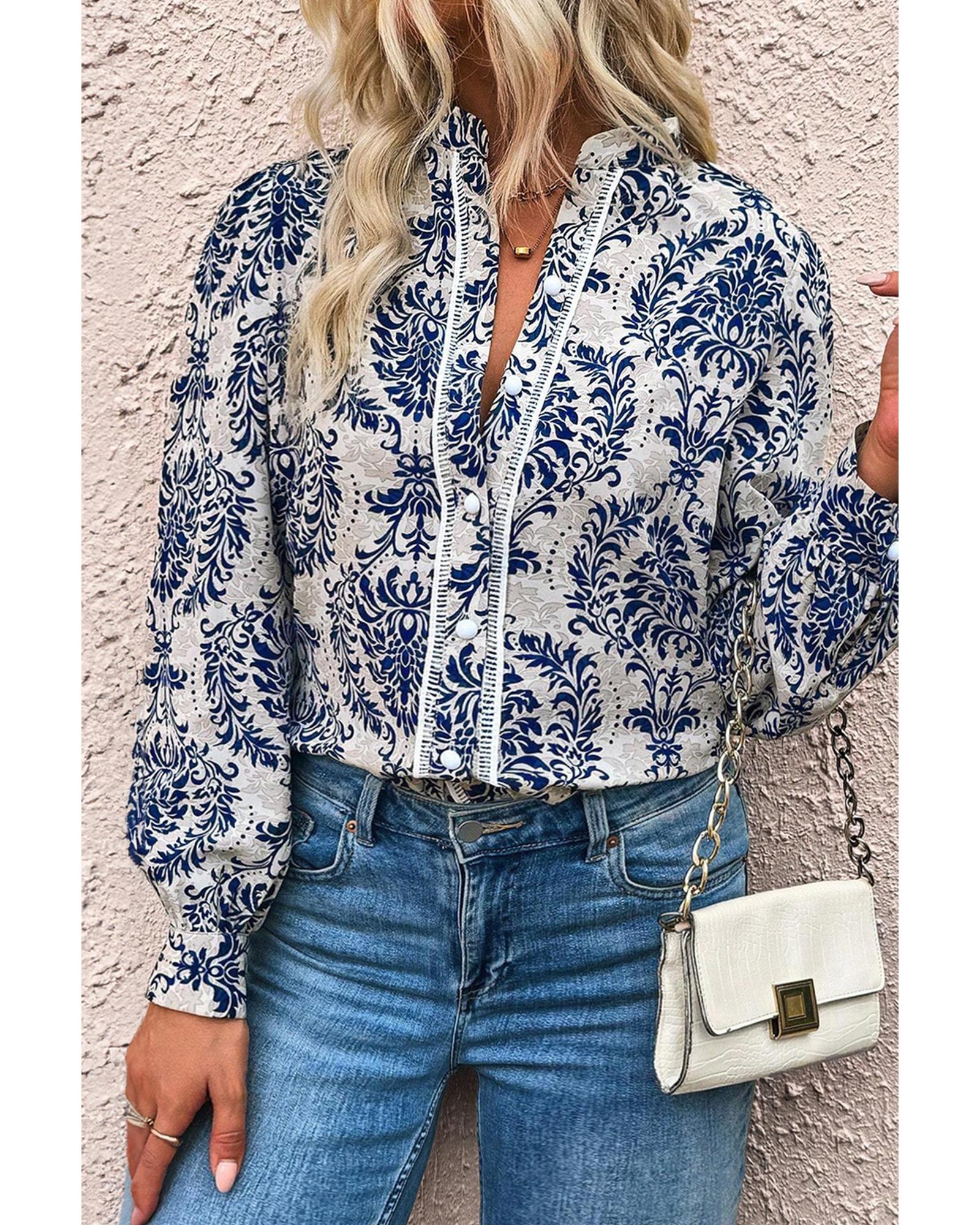 Sky Blue Tribal Pattern Print Notch Neck Buttoned Plus Size Shirt - 2X
