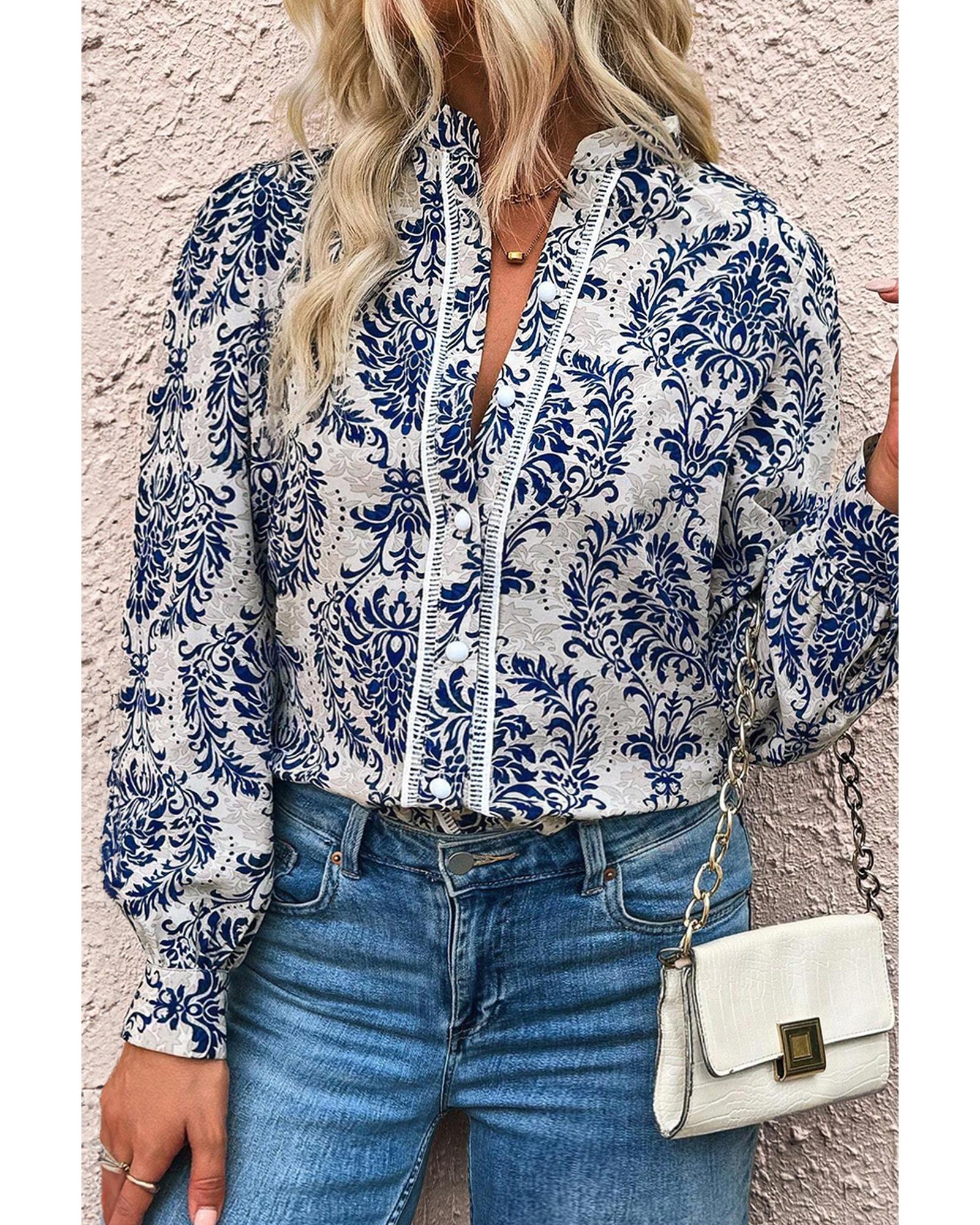 Sky Blue Tribal Pattern Print Notch Neck Buttoned Plus Size Shirt - 2X