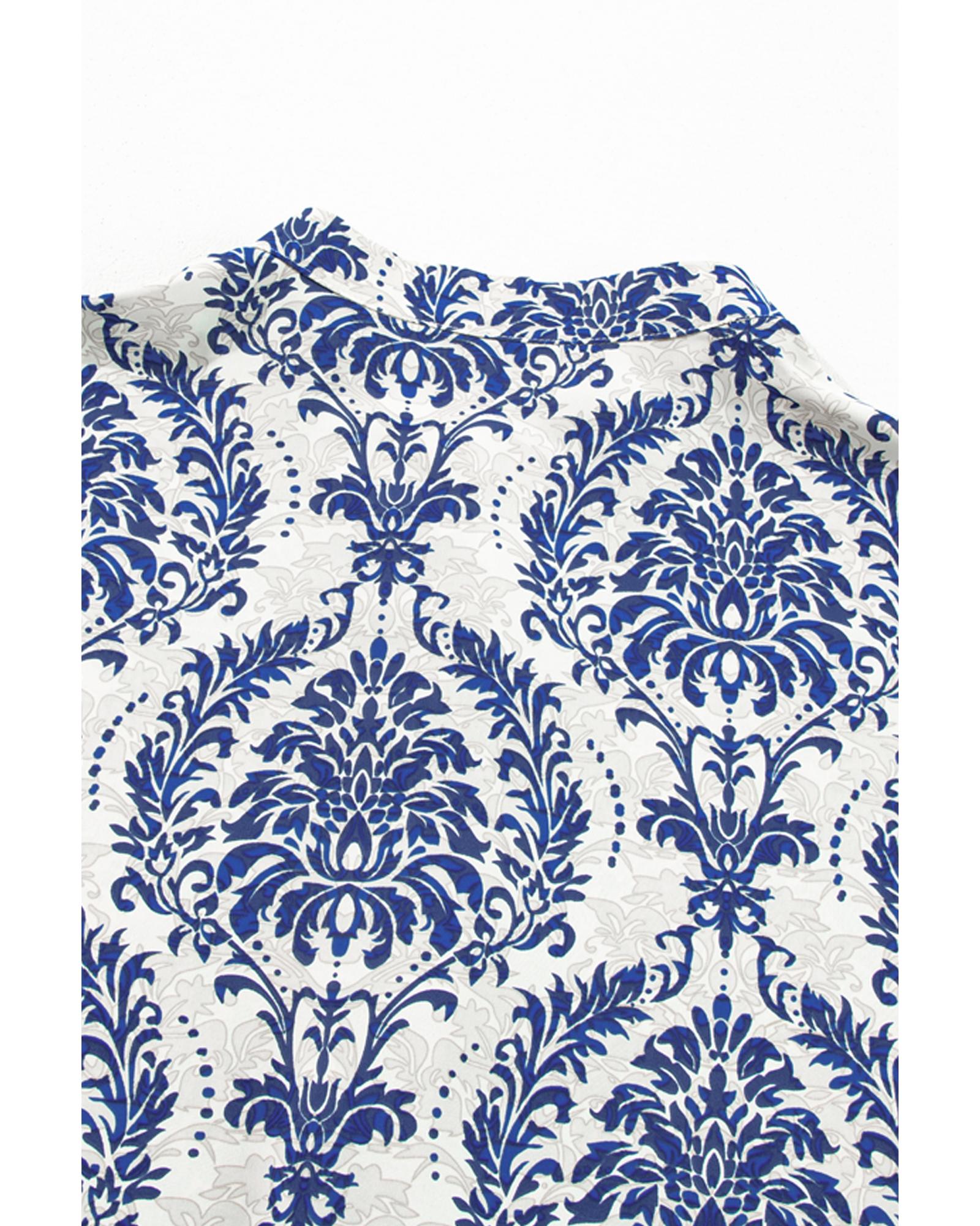 Sky Blue Tribal Pattern Print Notch Neck Buttoned Plus Size Shirt - 2X