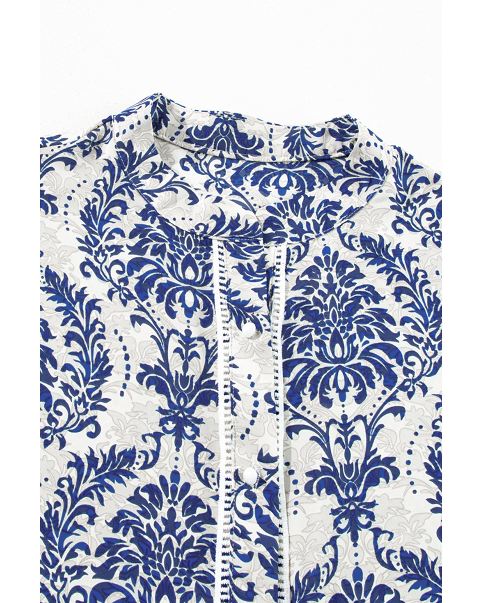 Sky Blue Tribal Pattern Print Notch Neck Buttoned Plus Size Shirt - 3X