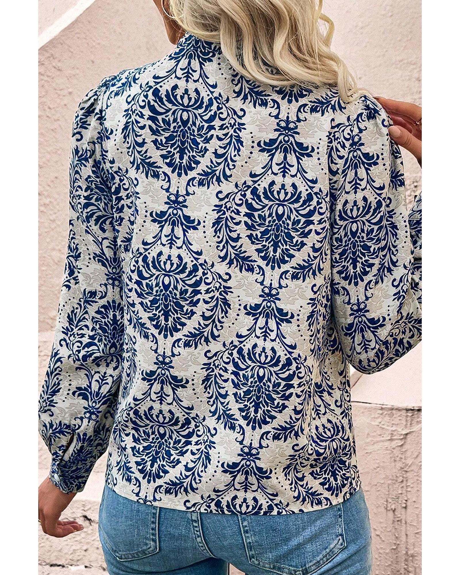 Sky Blue Tribal Pattern Print Notch Neck Buttoned Plus Size Shirt - 4X