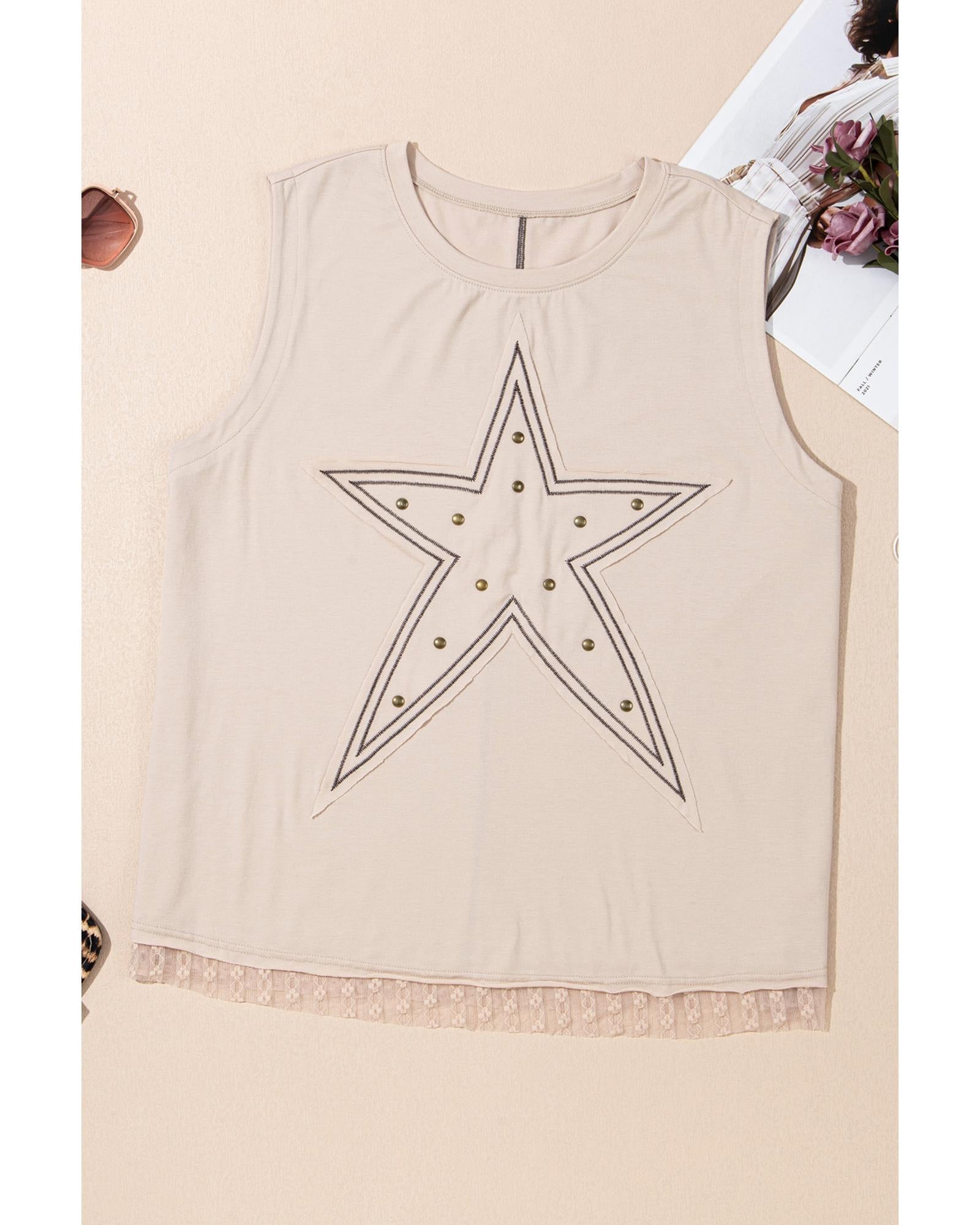 Parchment Studded Star Lace Patchwork Hem Plus Size Tank Top - 3X