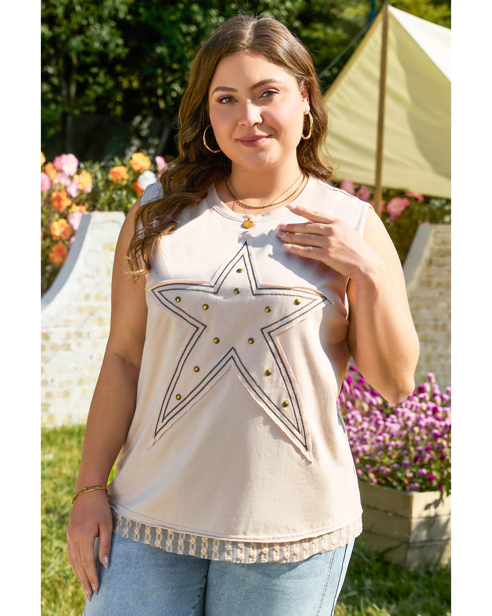 Parchment Studded Star Lace Patchwork Hem Plus Size Tank Top - 4X