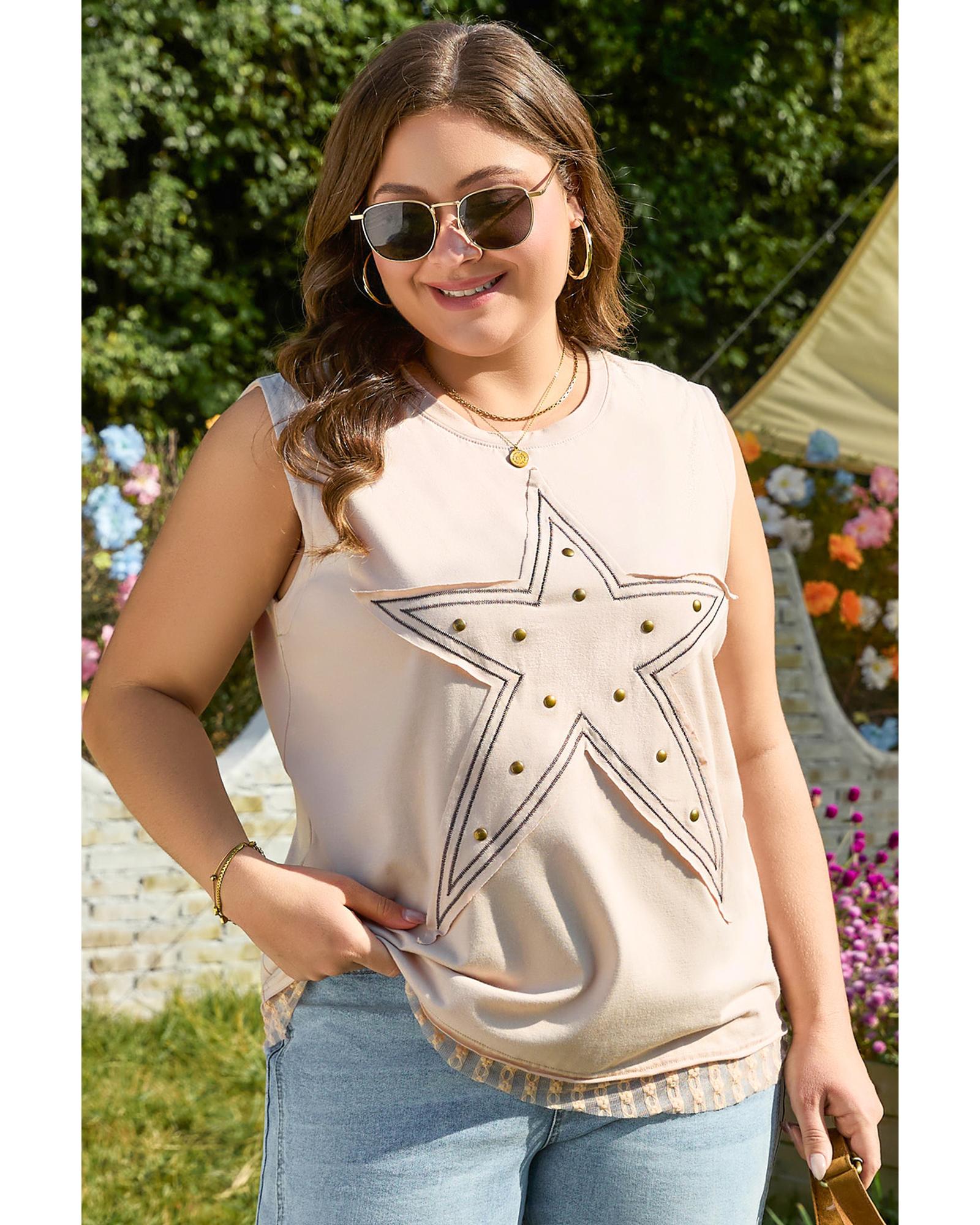 Parchment Studded Star Lace Patchwork Hem Plus Size Tank Top - 4X