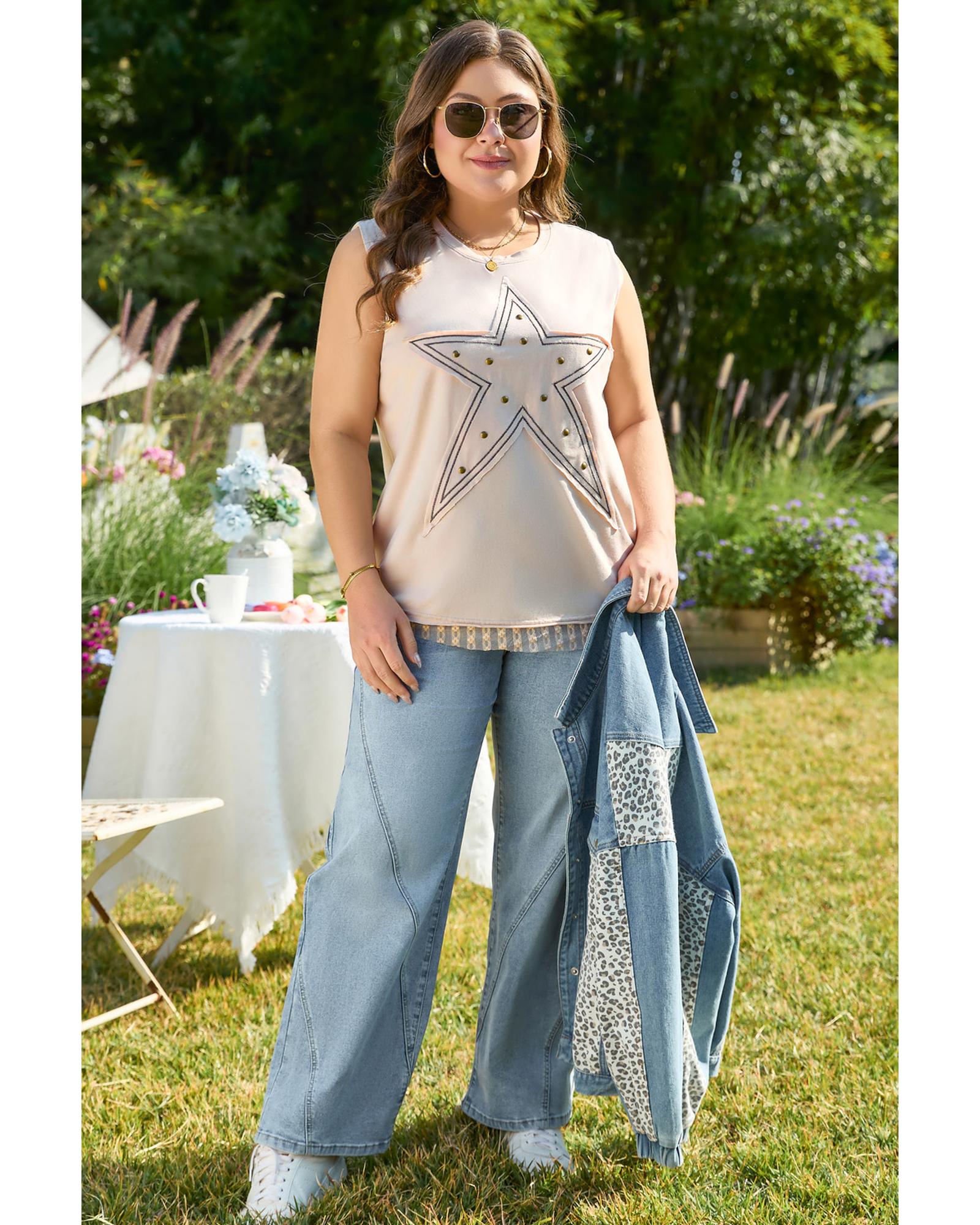 Parchment Studded Star Lace Patchwork Hem Plus Size Tank Top - 4X