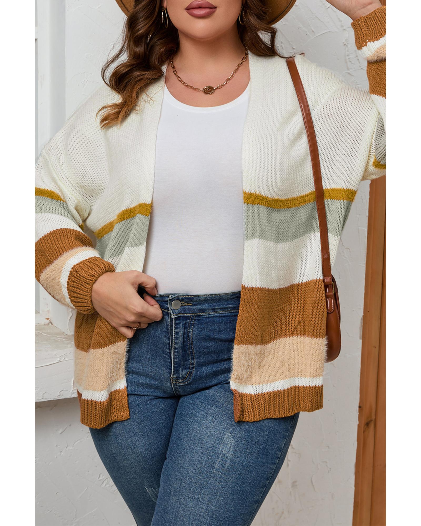Beige Plus Size Striped Print Open Front Cardigan - 1X