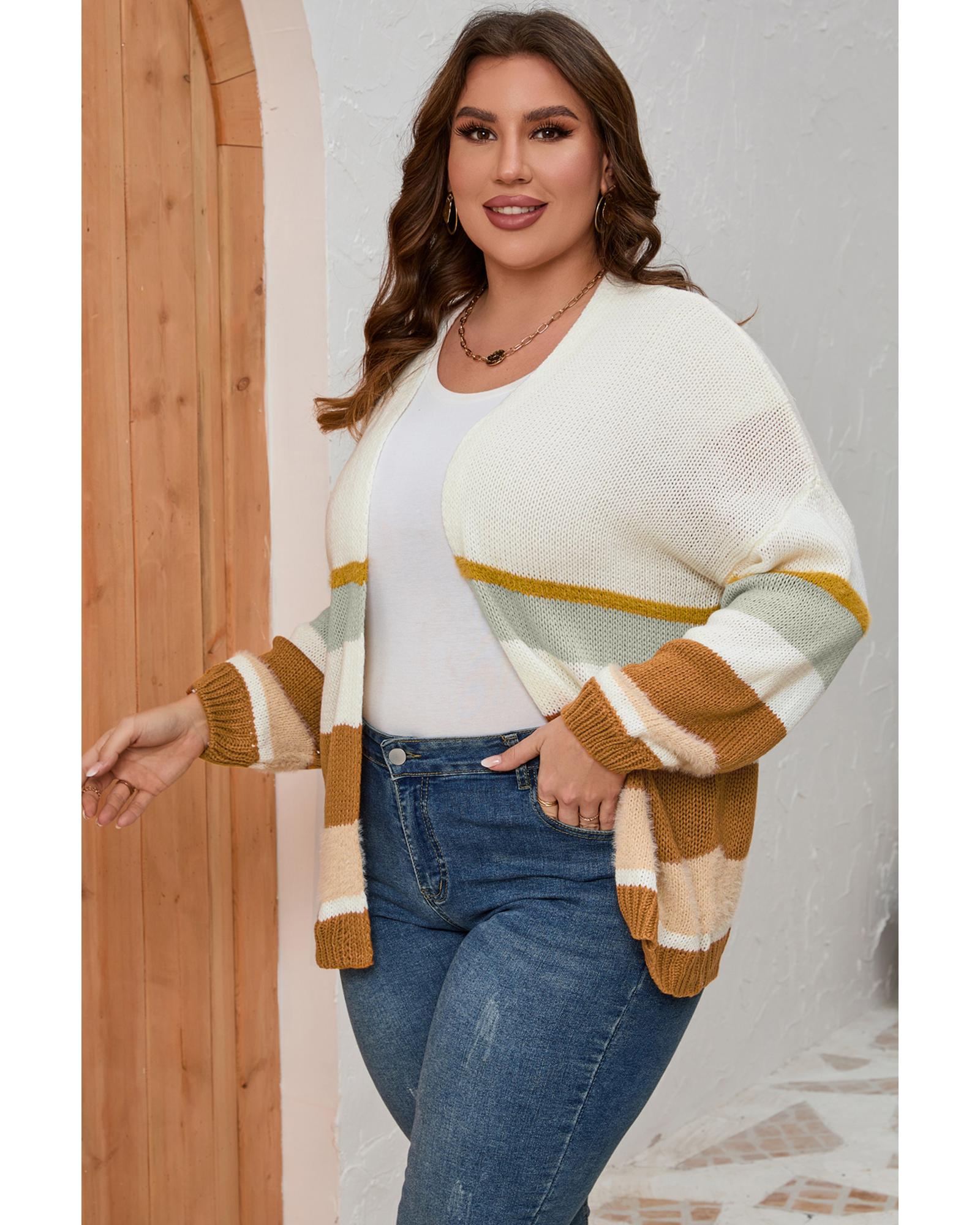 Beige Plus Size Striped Print Open Front Cardigan - 1X