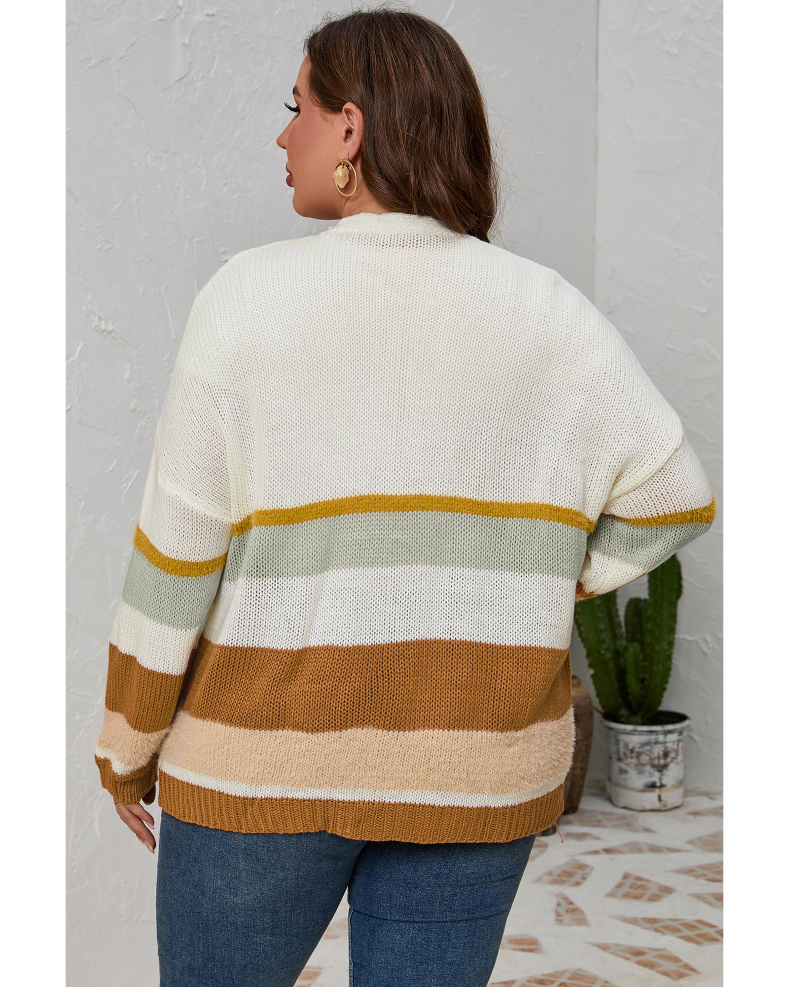 Beige Plus Size Striped Print Open Front Cardigan - 1X