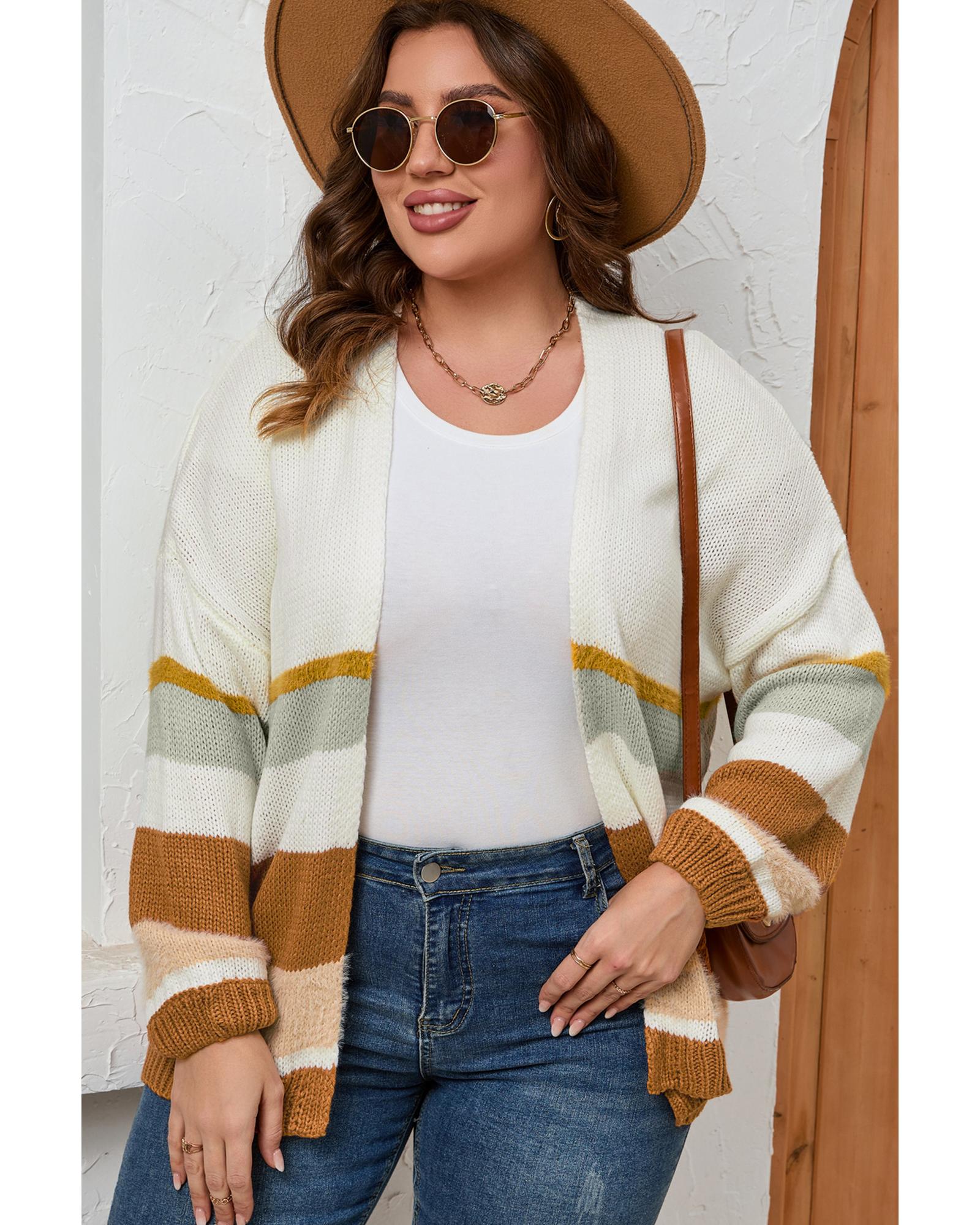 Beige Plus Size Striped Print Open Front Cardigan - 2X