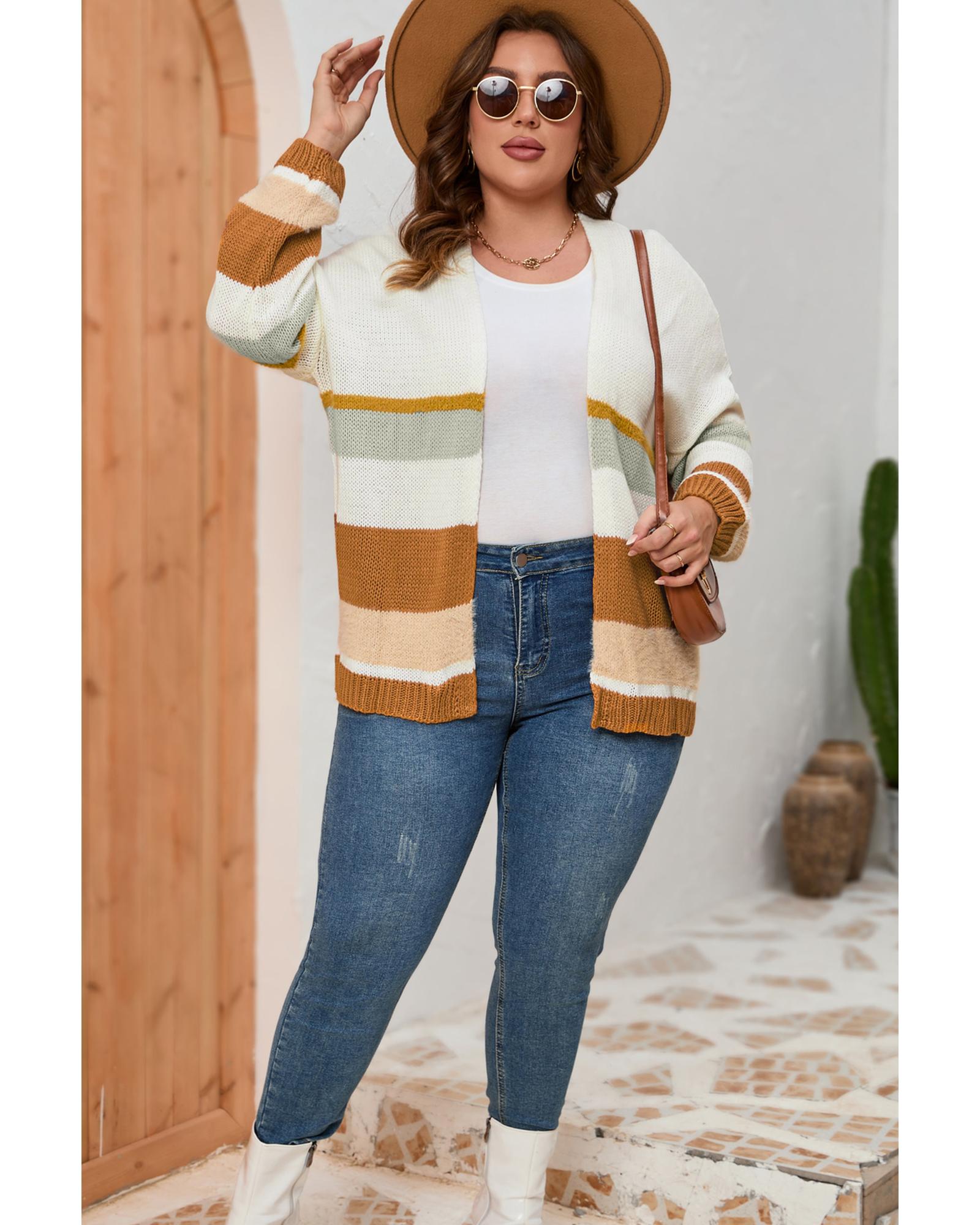 Beige Plus Size Striped Print Open Front Cardigan - 2X