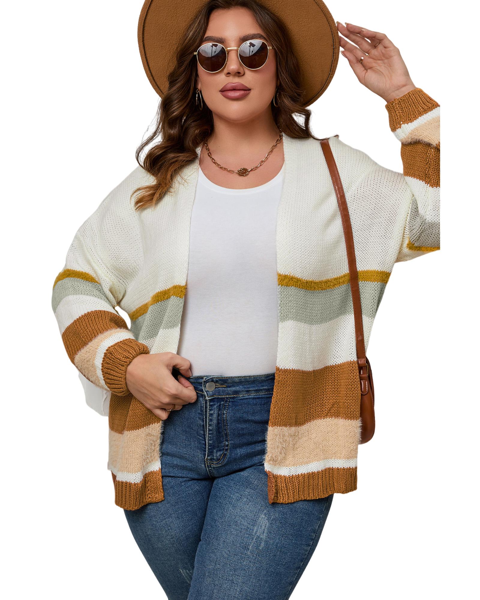 Beige Plus Size Striped Print Open Front Cardigan - 3X