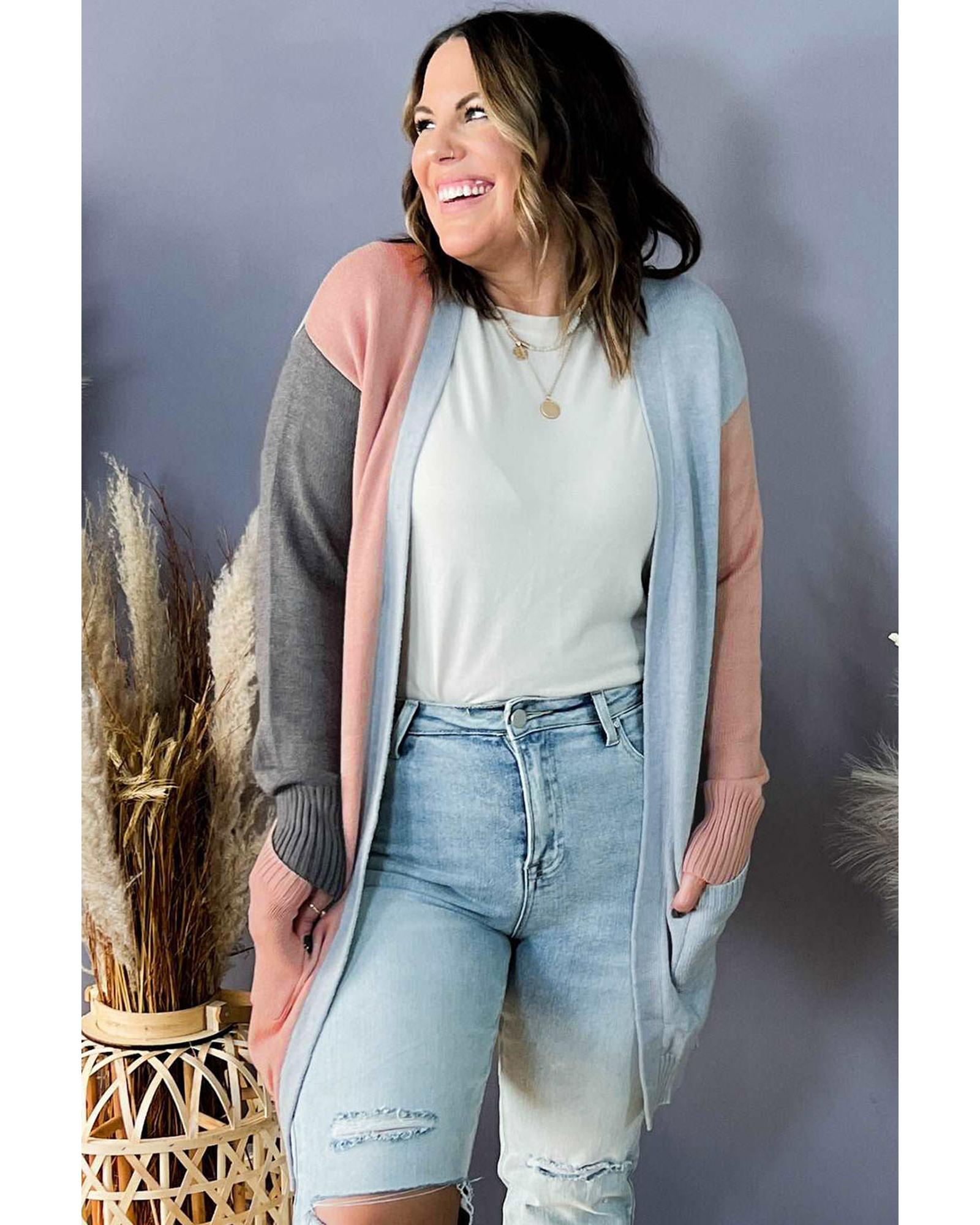 Multicolor Plus Size Colorblock Pocketed Open Front Cardigan - 1X