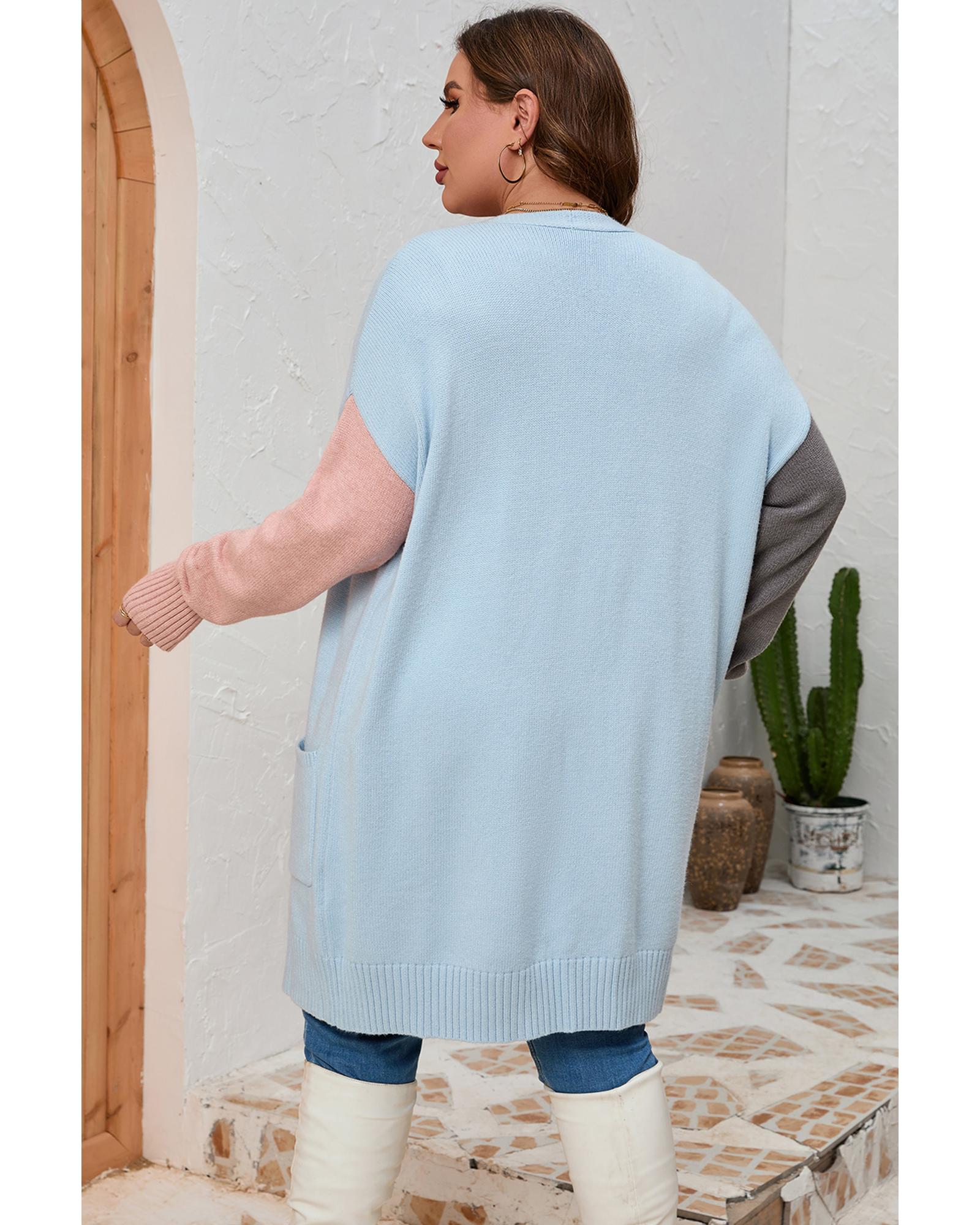 Multicolor Plus Size Colorblock Pocketed Open Front Cardigan - 2X