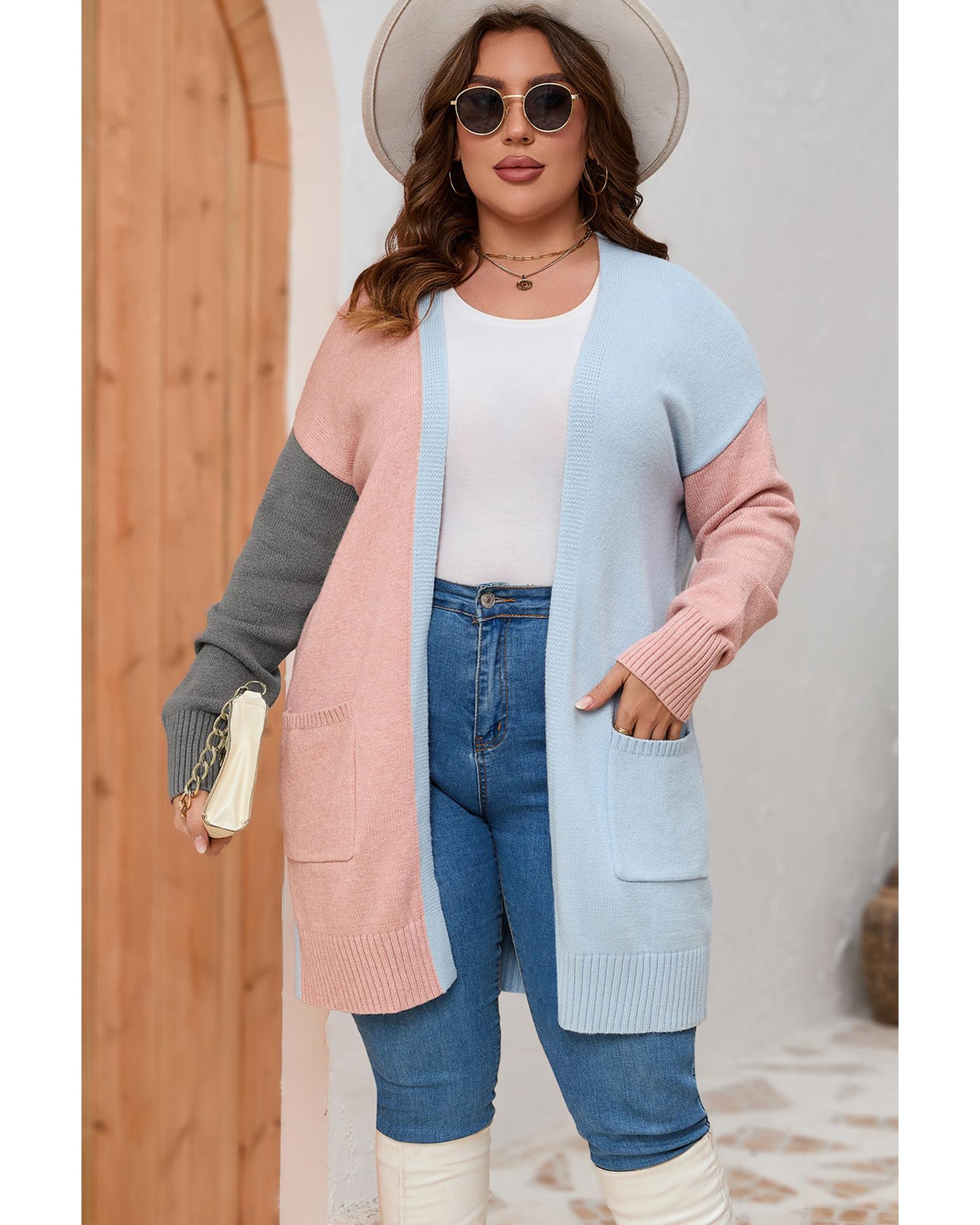 Multicolor Plus Size Colorblock Pocketed Open Front Cardigan - 3X