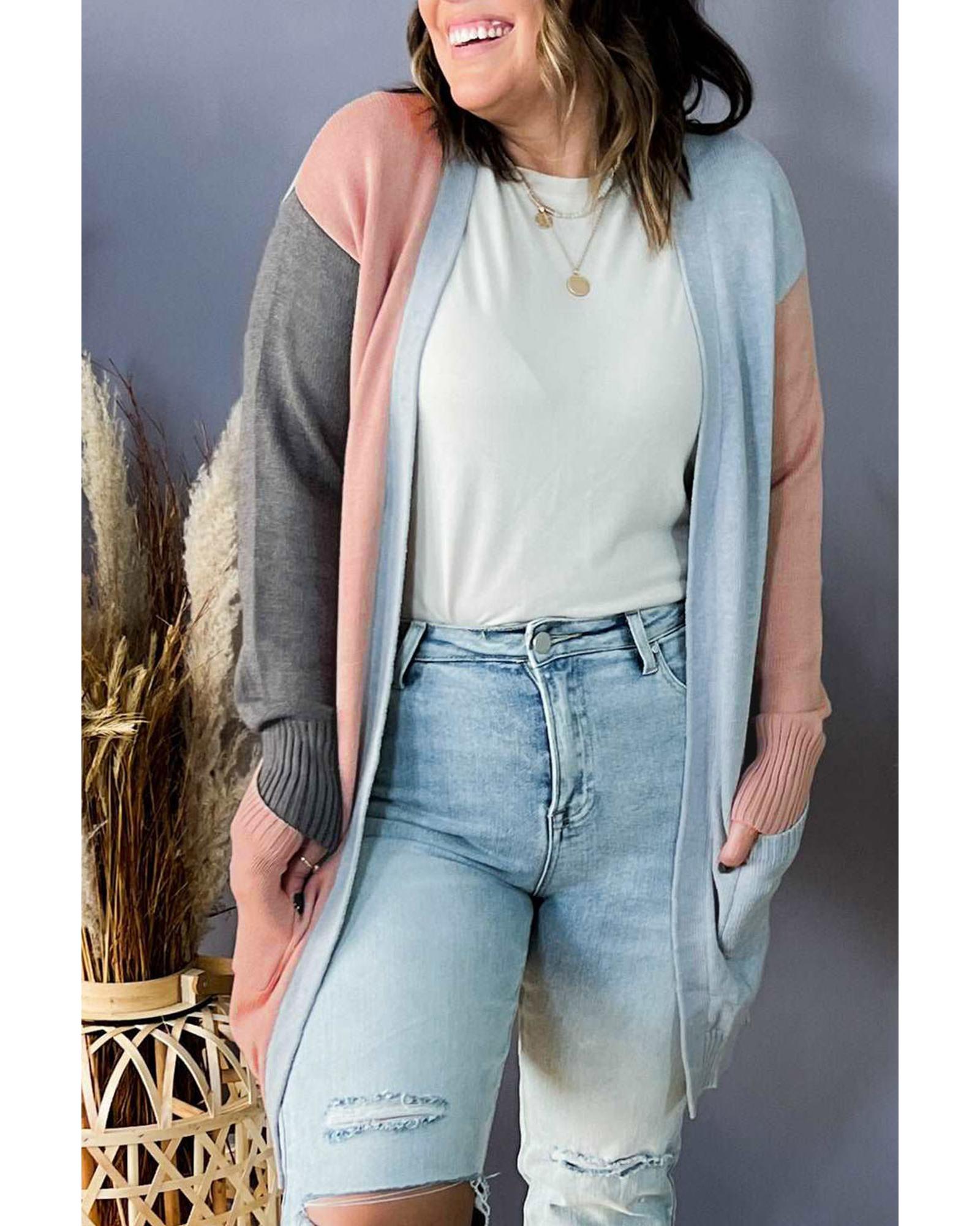 Multicolor Plus Size Colorblock Pocketed Open Front Cardigan - 3X