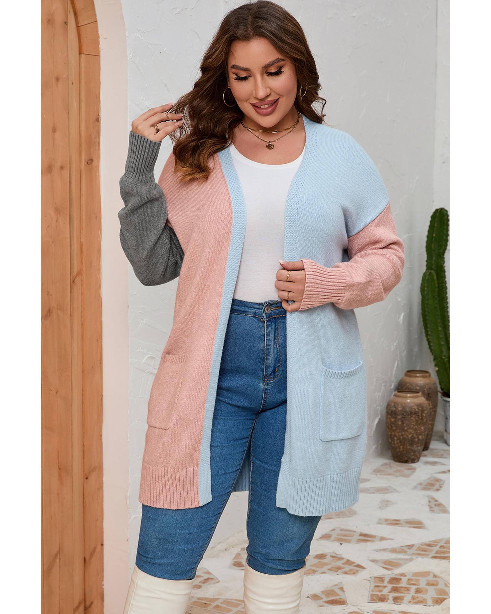 Multicolor Plus Size Colorblock Pocketed Open Front Cardigan - 3X