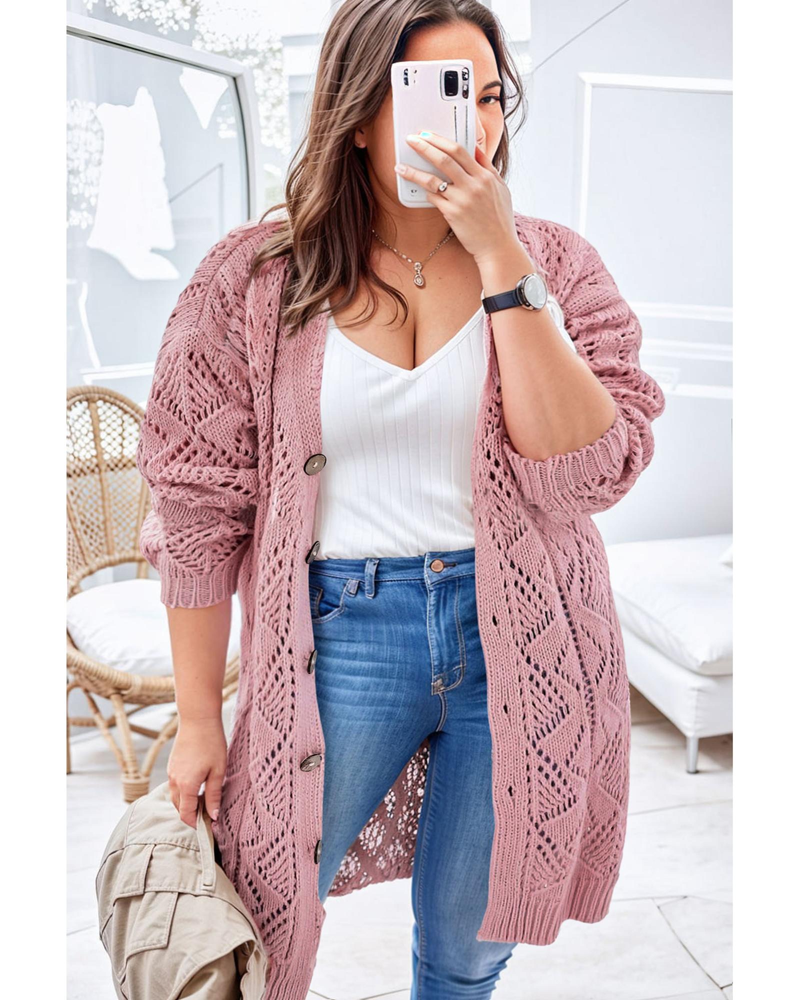 Pink Open Knit Button-Up Plus Size Cardigan - 1X