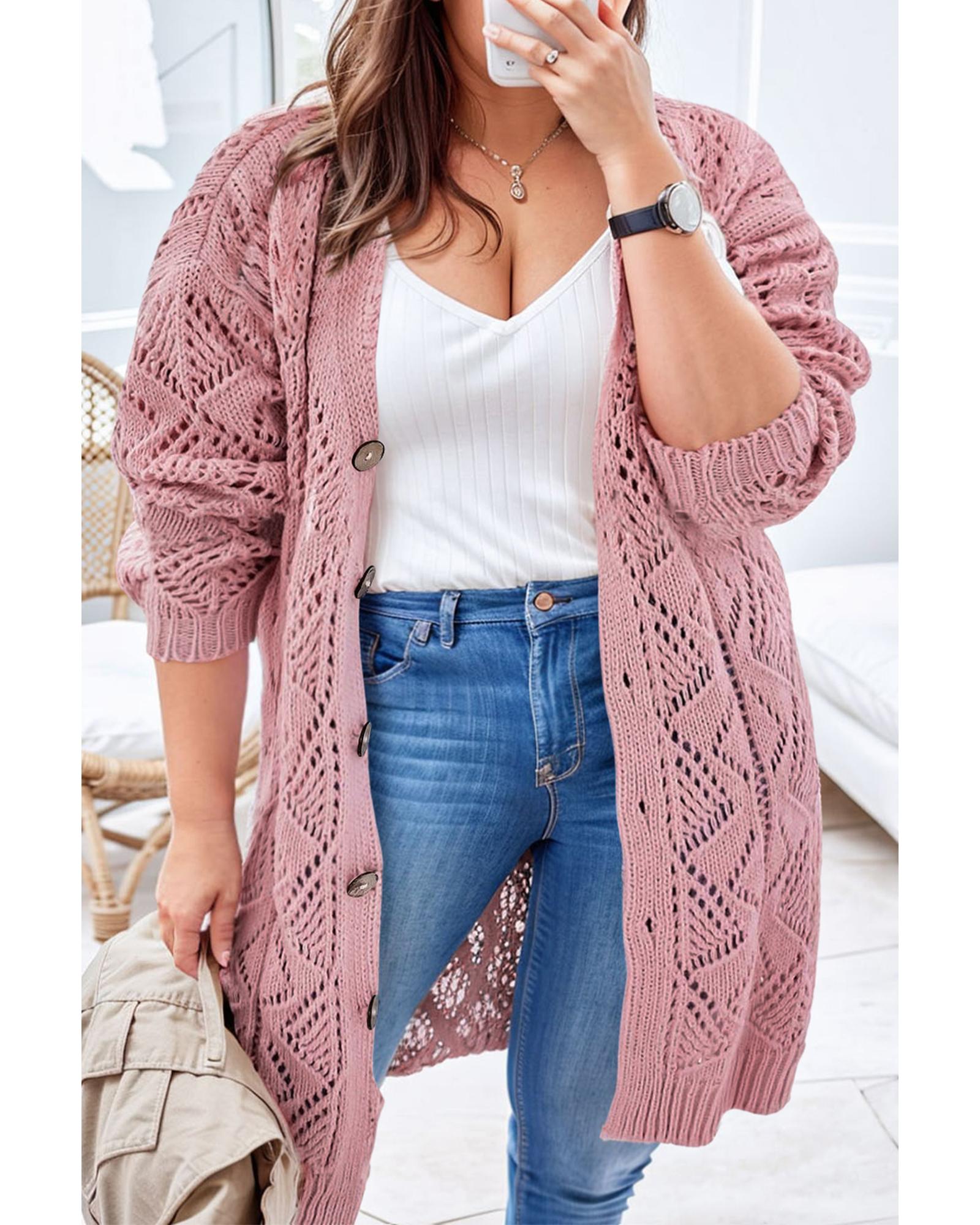 Pink Open Knit Button-Up Plus Size Cardigan - 2X