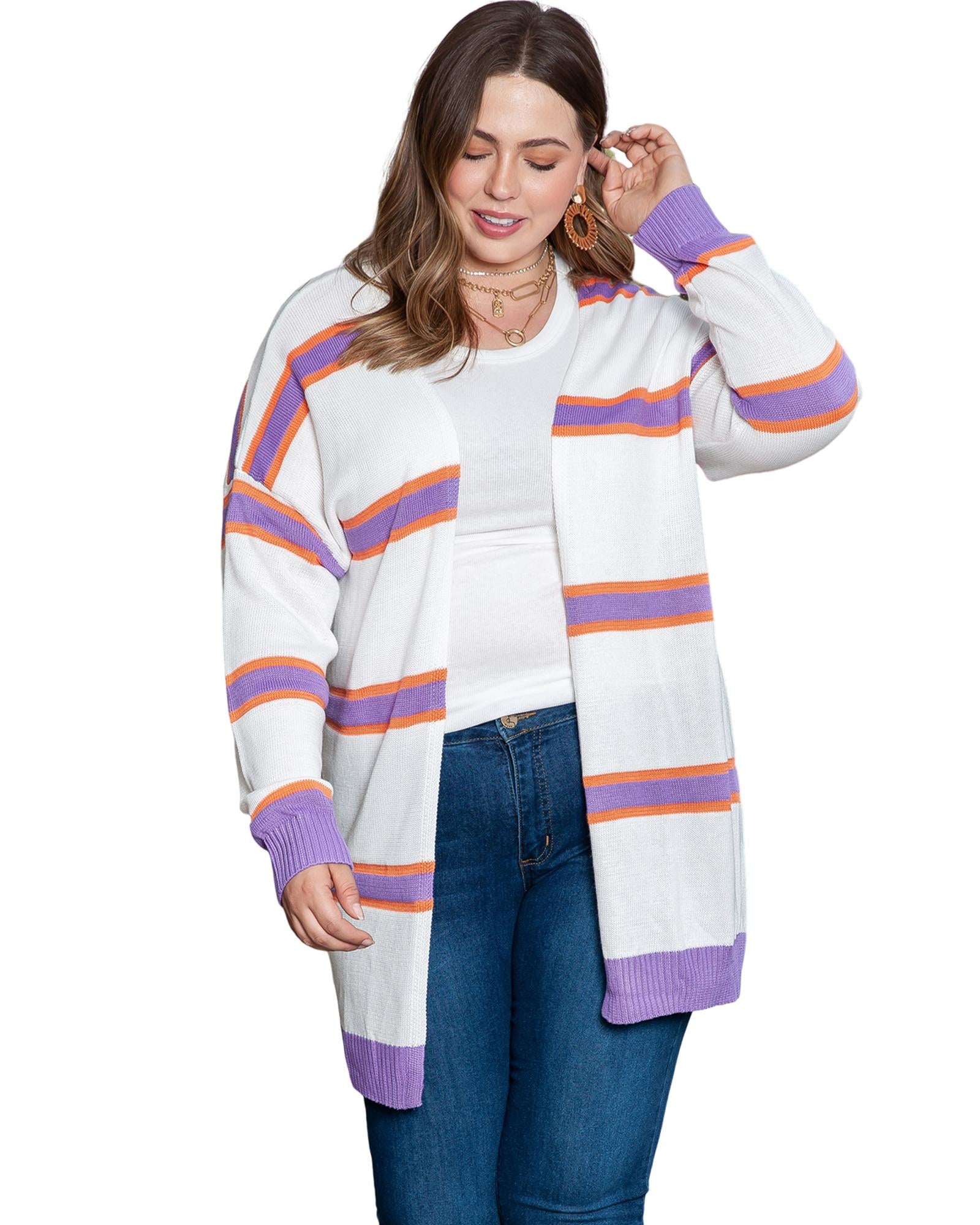 Beige Plus Size Striped Dropped Shoulder Sweater Cardigan - 1X