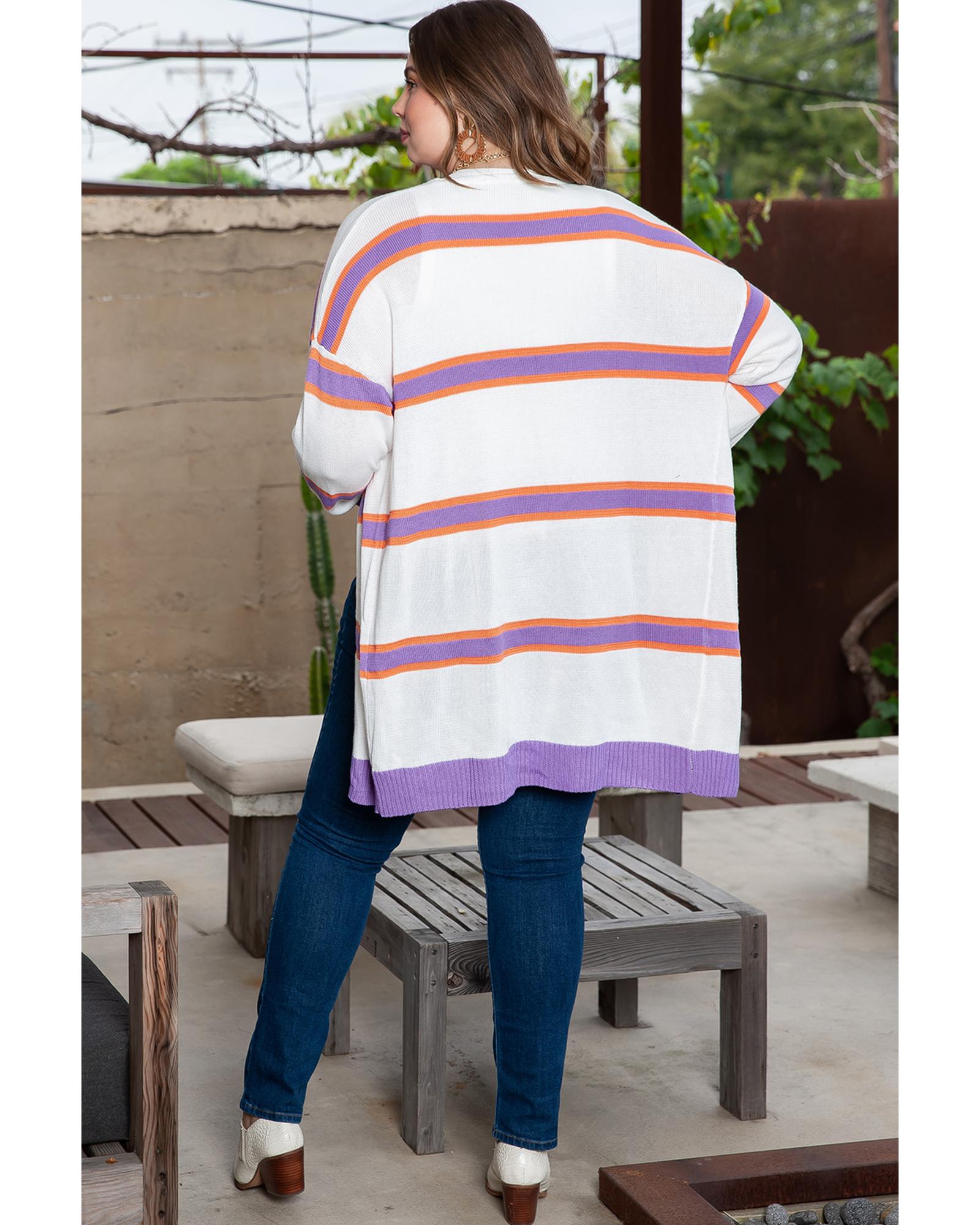 Beige Plus Size Striped Dropped Shoulder Sweater Cardigan - 1X