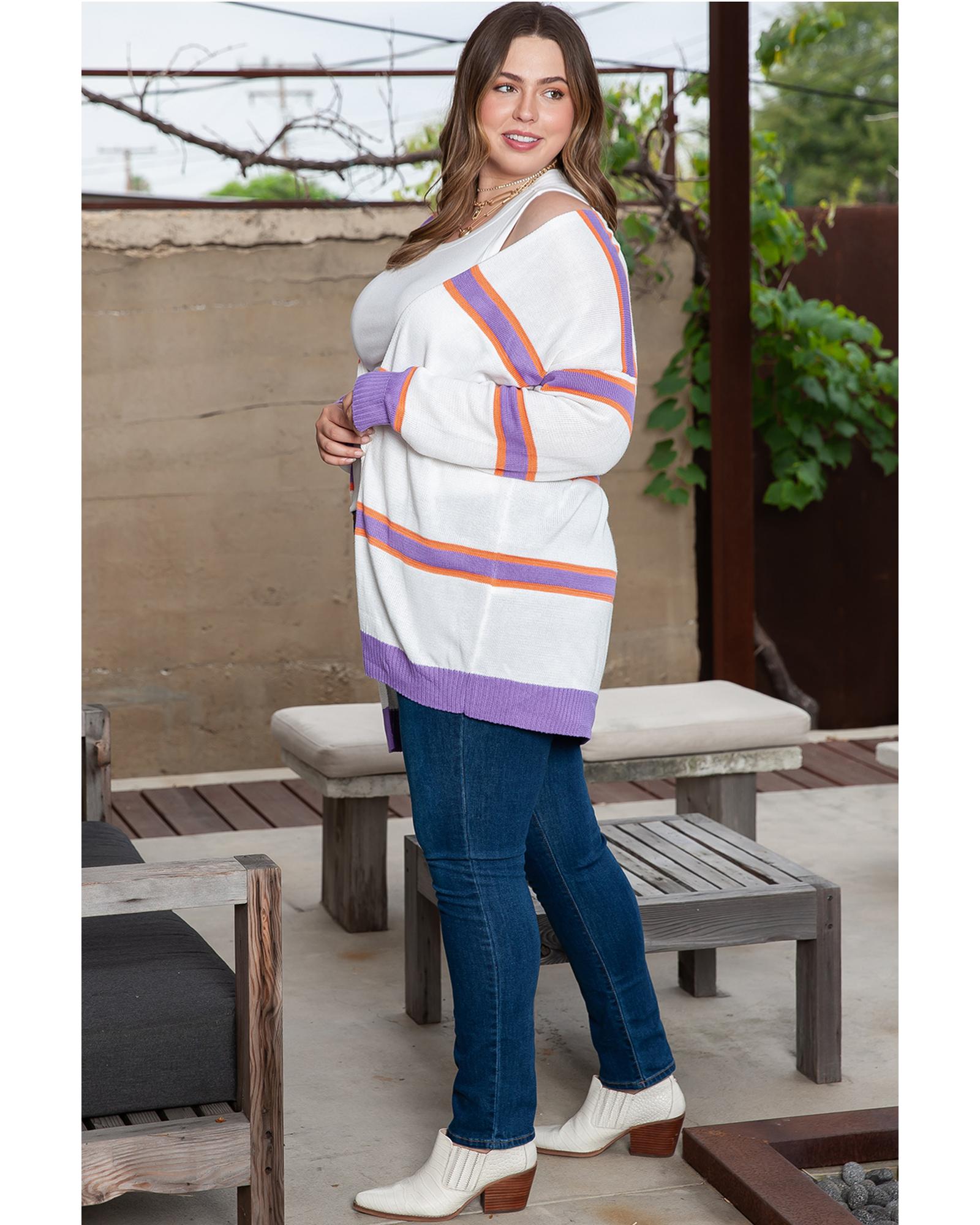 Beige Plus Size Striped Dropped Shoulder Sweater Cardigan - 2X