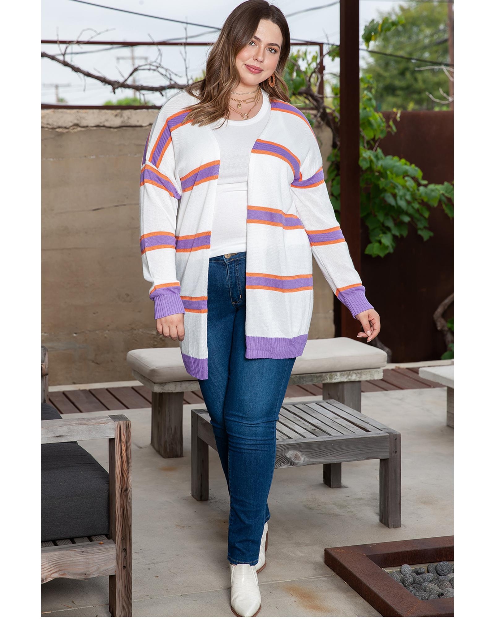 Beige Plus Size Striped Dropped Shoulder Sweater Cardigan - 3X