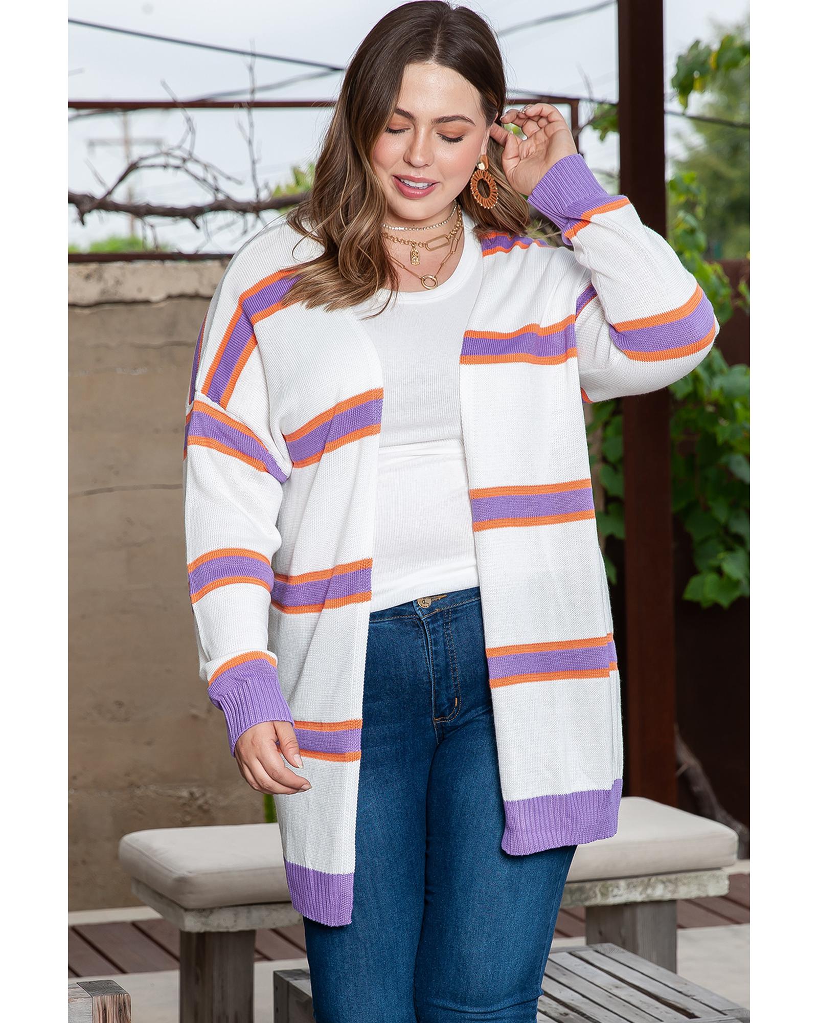 Beige Plus Size Striped Dropped Shoulder Sweater Cardigan - 3X