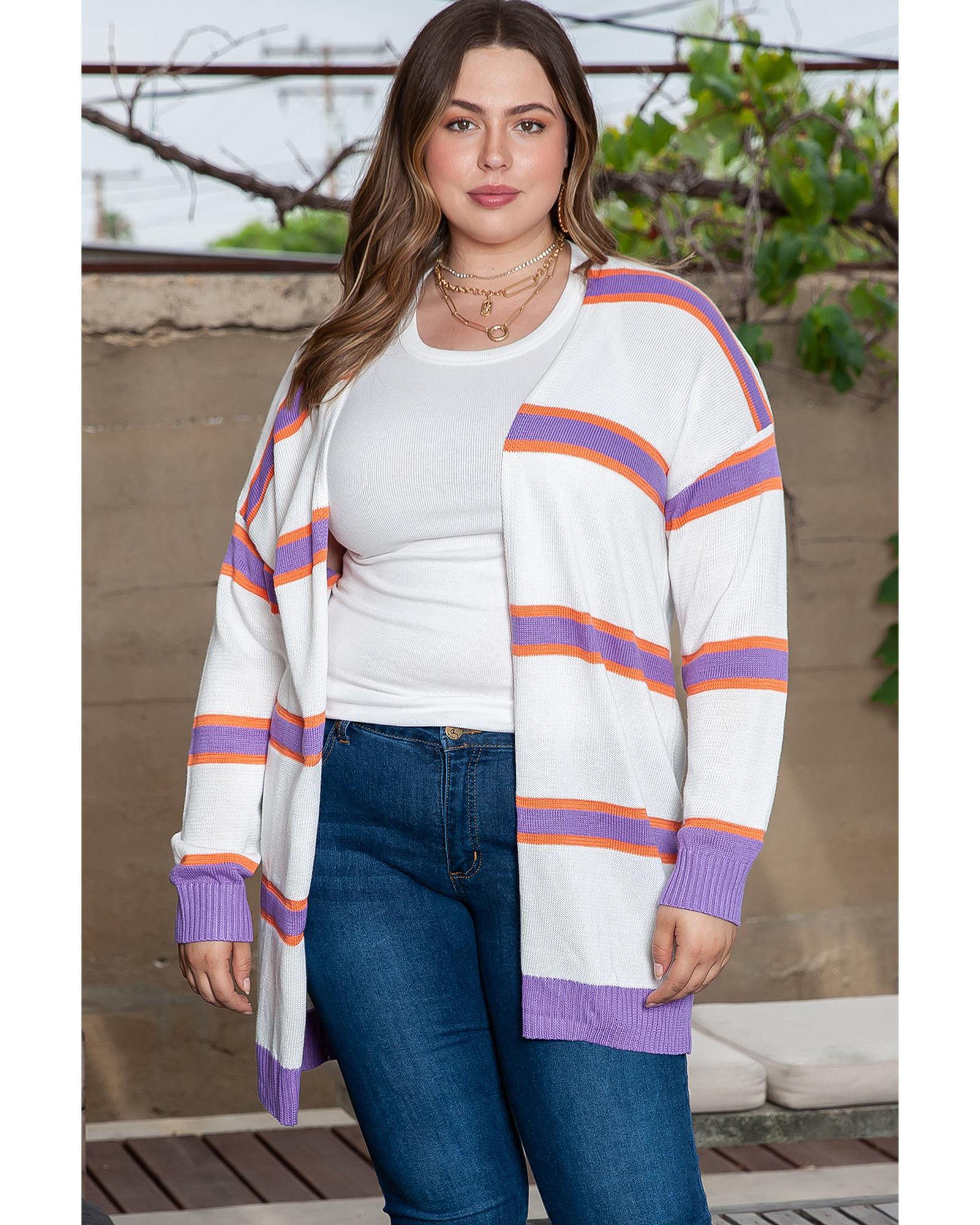 Beige Plus Size Striped Dropped Shoulder Sweater Cardigan - 3X