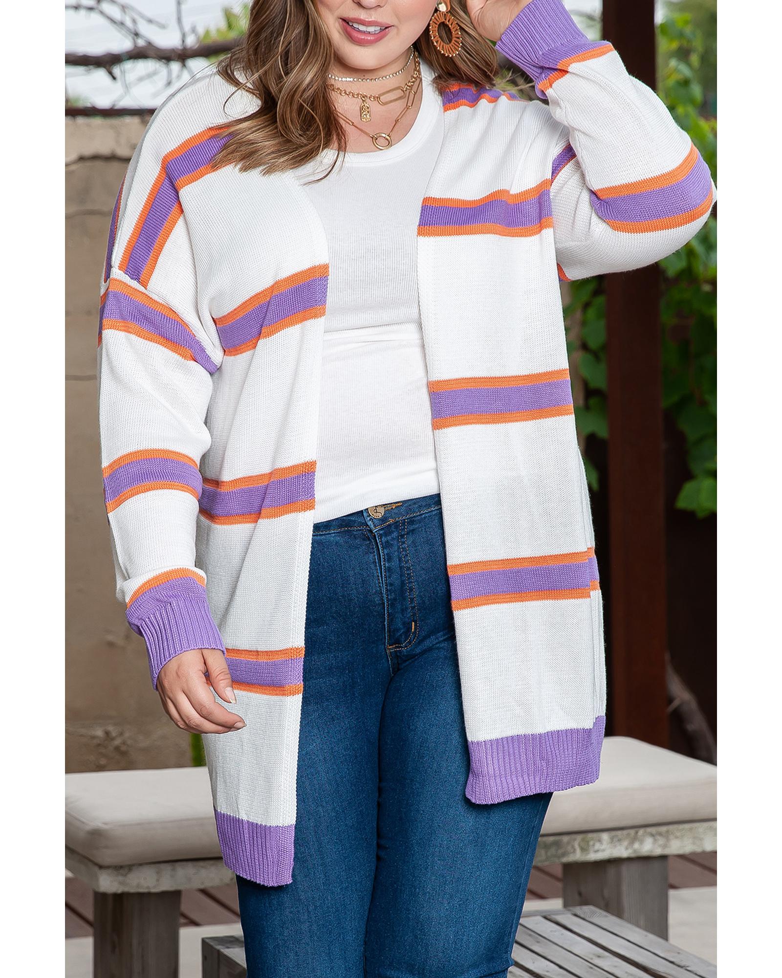 Beige Plus Size Striped Dropped Shoulder Sweater Cardigan - 3X