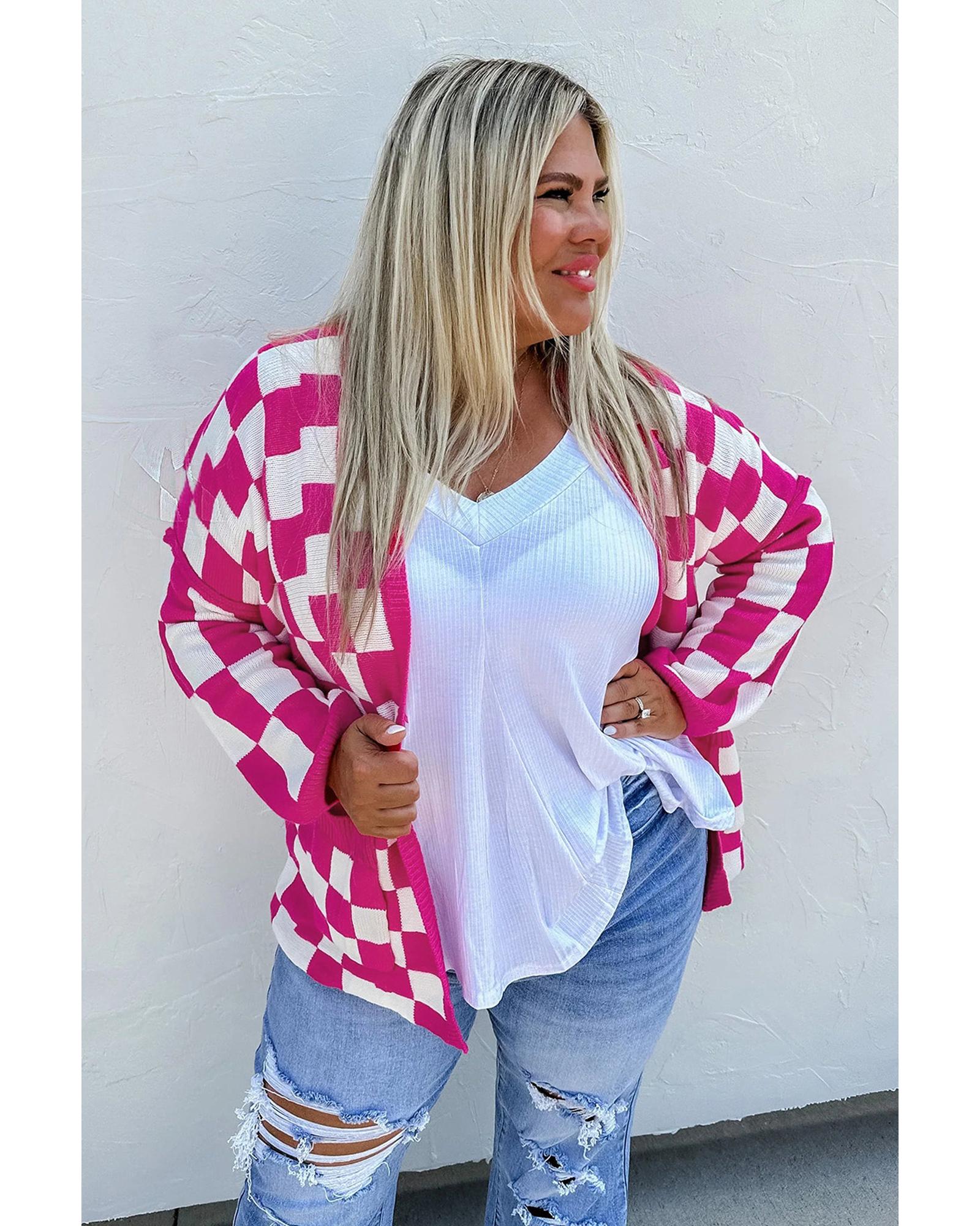 Bonbon Checkered Pattern Open Front Plus Size Cardigan - 2X